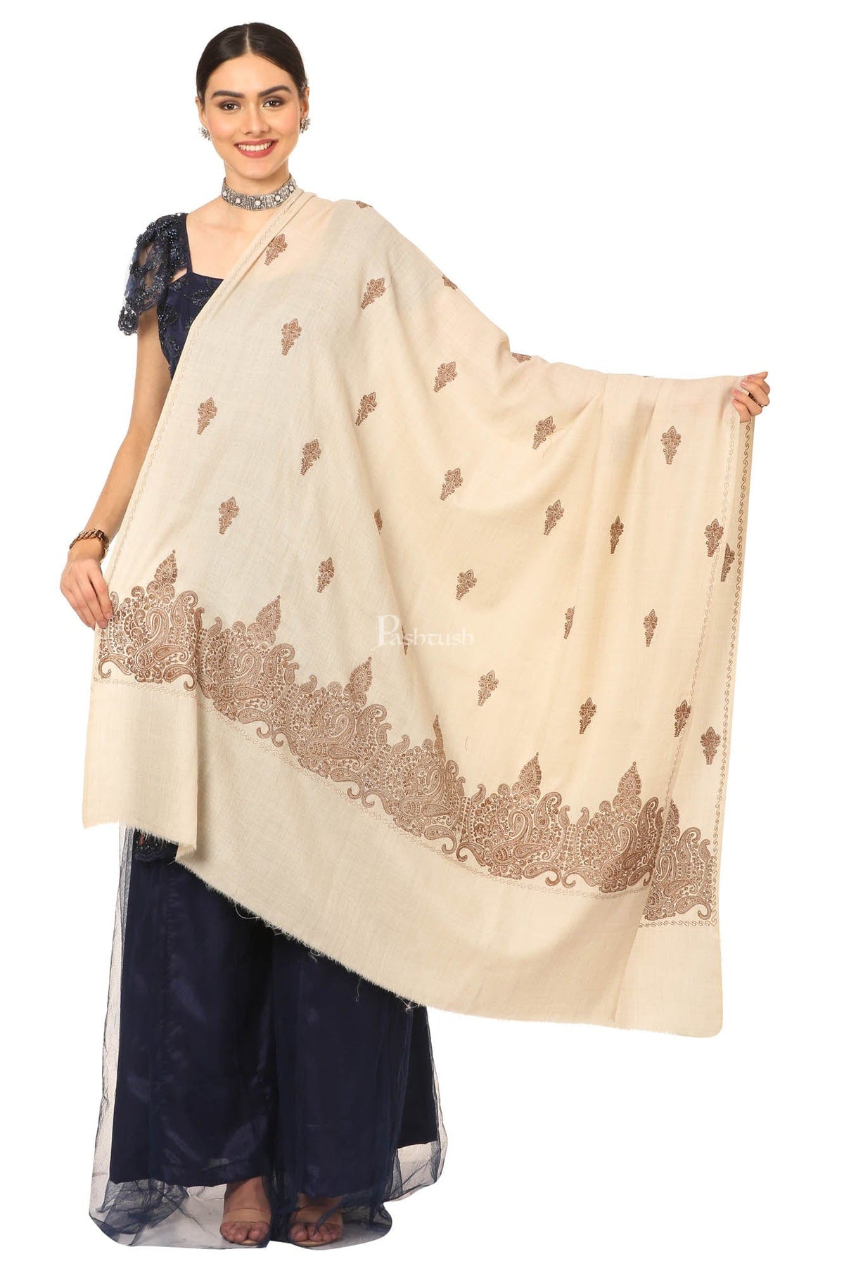 Pashtush India Womens Shawls Pashtush Womens, Extra Fine Palla Embroidery Shawl, With Tone On Tone Needlework, Wool Design, Soft And Extra Fine