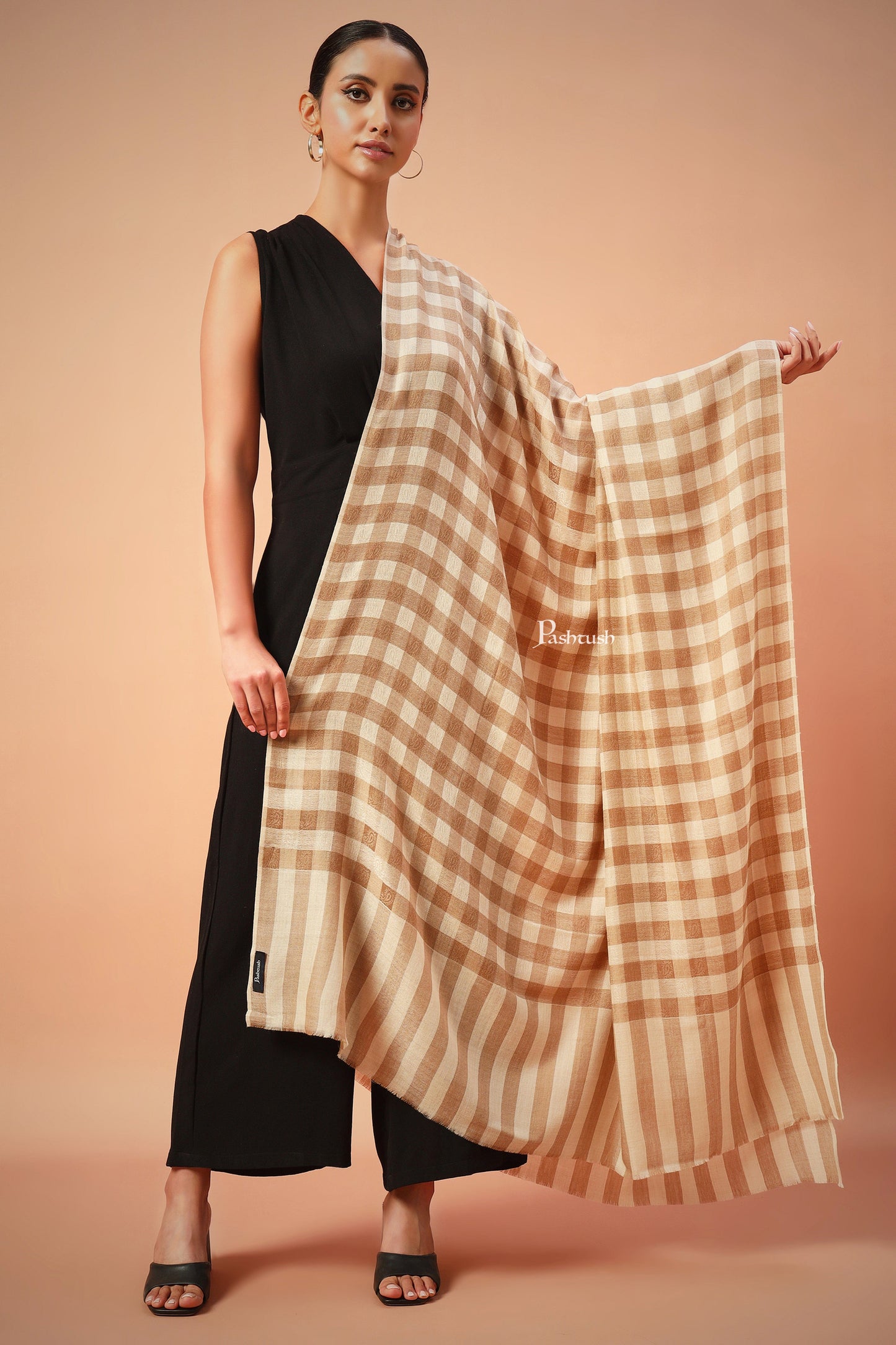 Pashtush India Womens Shawls Pashtush Womens Extra Fine Wool Blend Shawl,Checkered, Soft And Warm Beige
