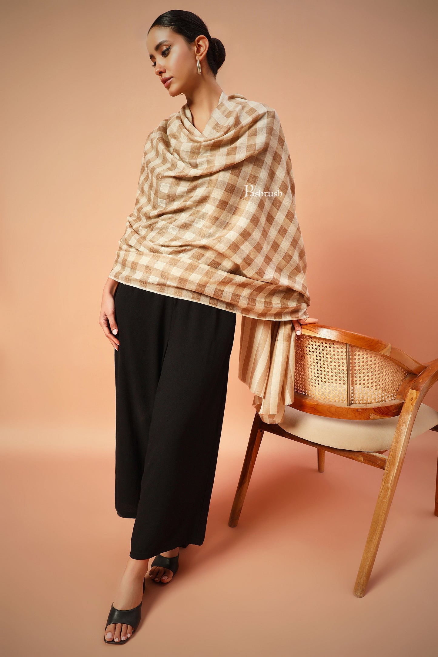 Pashtush India Womens Shawls Pashtush Womens Extra Fine Wool Blend Shawl,Checkered, Soft And Warm Beige