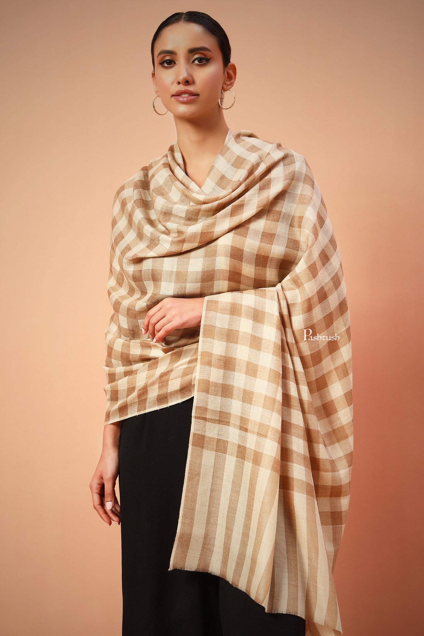 Pashtush India Womens Shawls Pashtush Womens Extra Fine Wool Blend Shawl,Checkered, Soft And Warm Beige