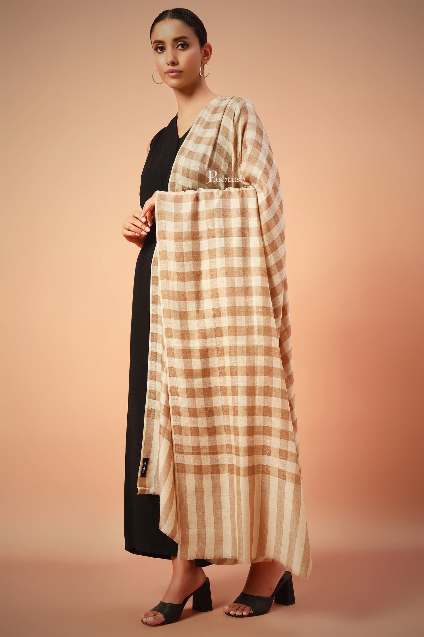 Pashtush India Womens Shawls Pashtush Womens Extra Fine Wool Blend Shawl,Checkered, Soft And Warm Beige