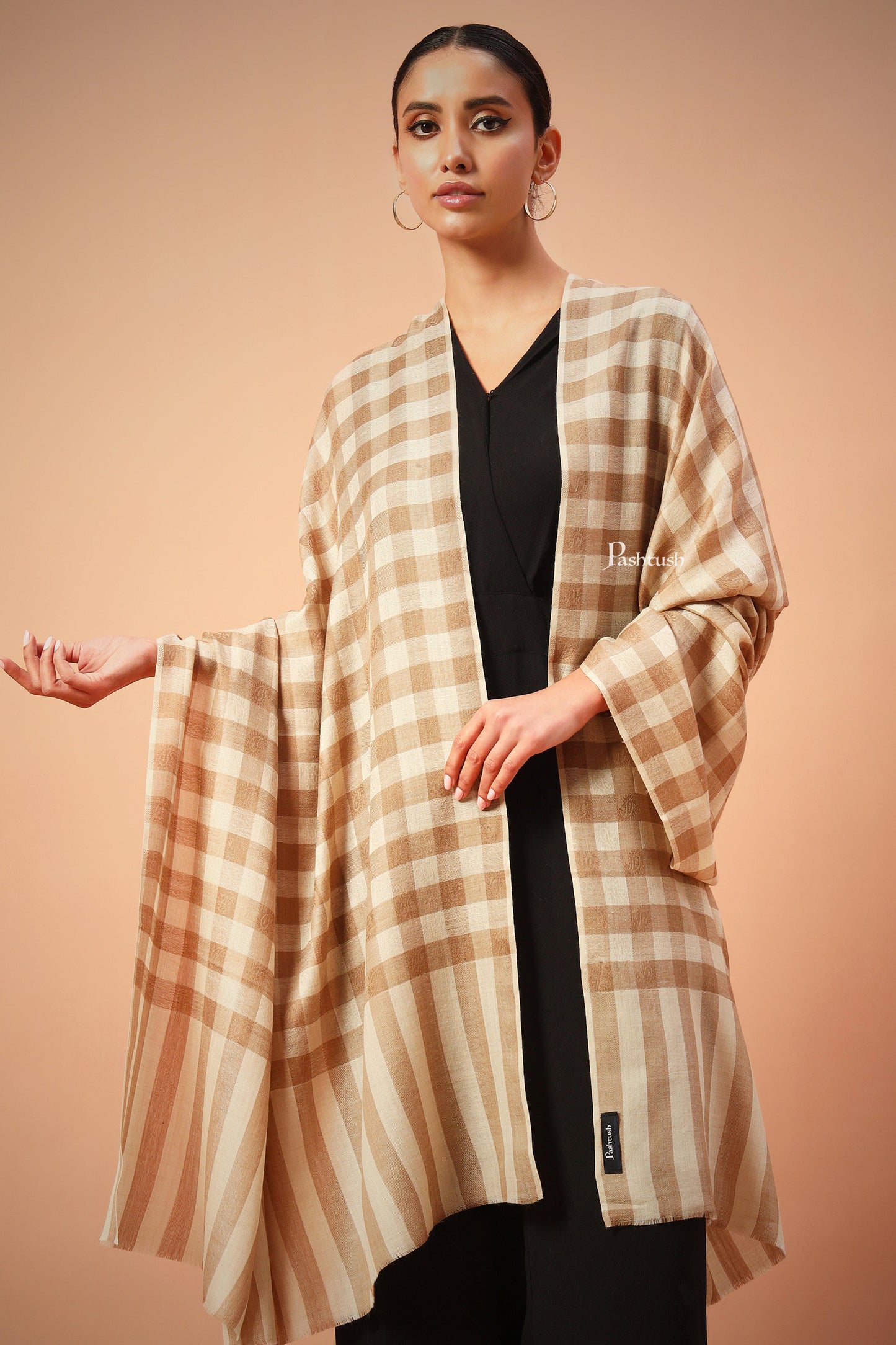 Pashtush India Womens Shawls Pashtush Womens Extra Fine Wool Blend Shawl,Checkered, Soft And Warm Beige