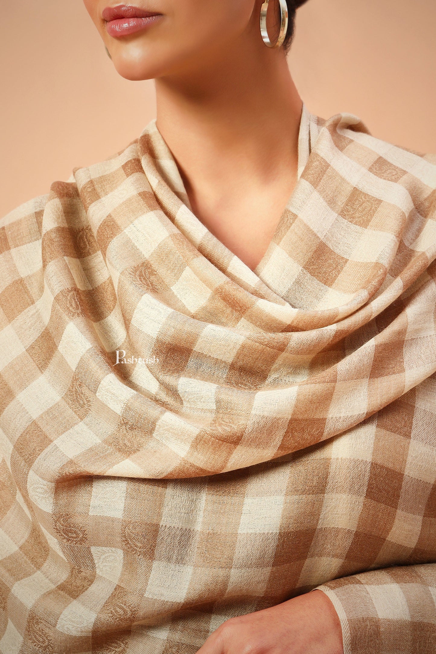Pashtush India Womens Shawls Pashtush Womens Extra Fine Wool Blend Shawl,Checkered, Soft And Warm Beige