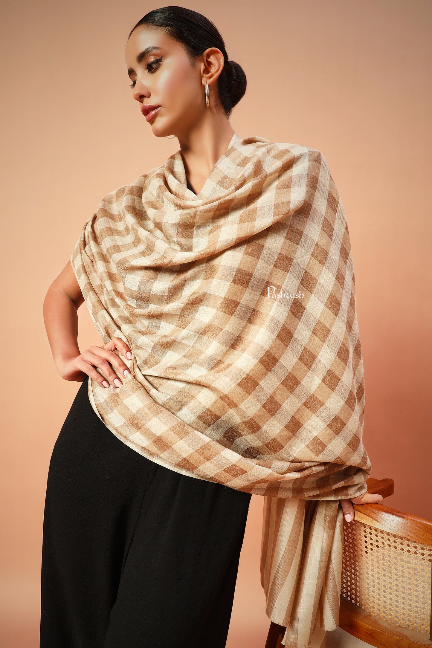 Pashtush India Womens Shawls Pashtush Womens Extra Fine Wool Blend Shawl,Checkered, Soft And Warm Beige