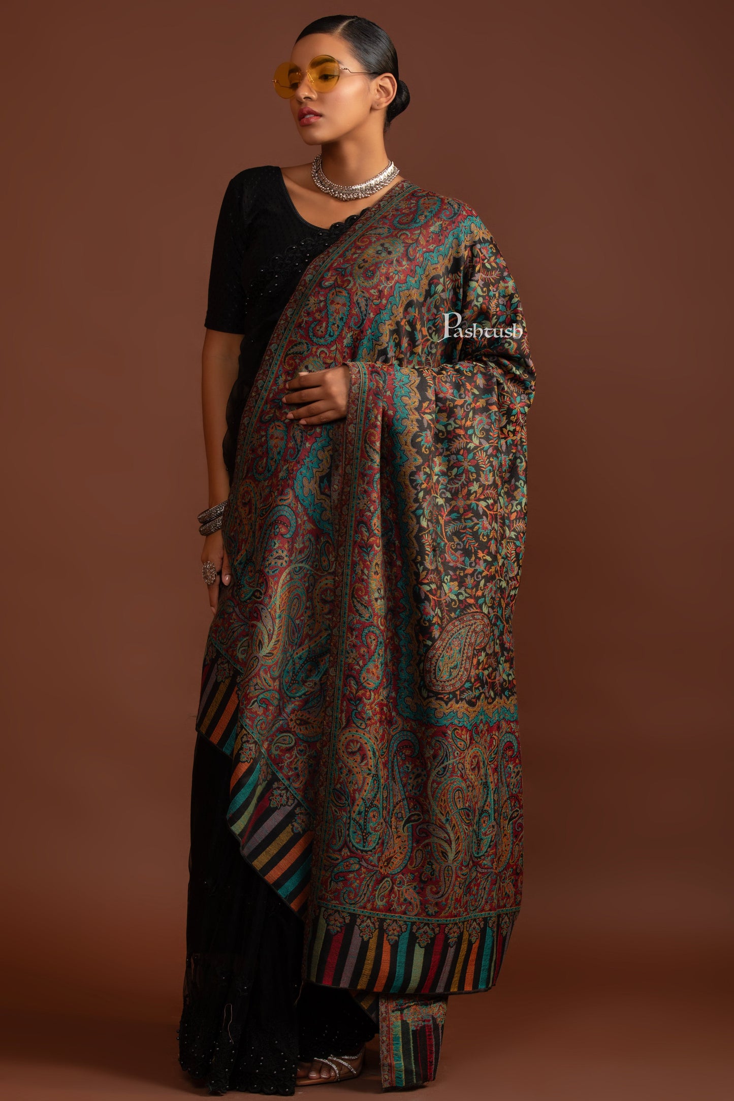 Pashtush India Womens Shawls Pashtush Womens Extra Fine Wool Shawl, Antique Ethnic Weave Design, Black