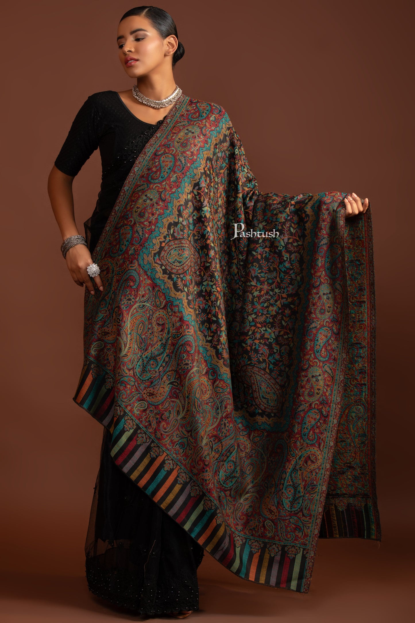 Pashtush India Womens Shawls Pashtush Womens Extra Fine Wool Shawl, Antique Ethnic Weave Design, Black