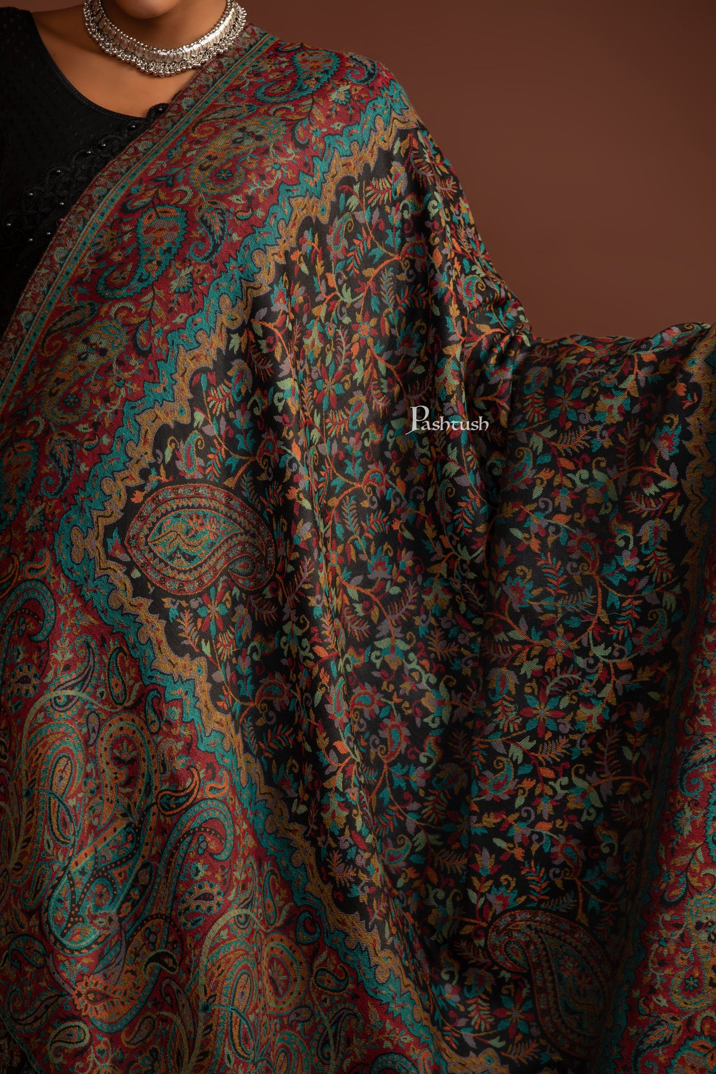 Pashtush India Womens Shawls Pashtush Womens Extra Fine Wool Shawl, Antique Ethnic Weave Design, Black
