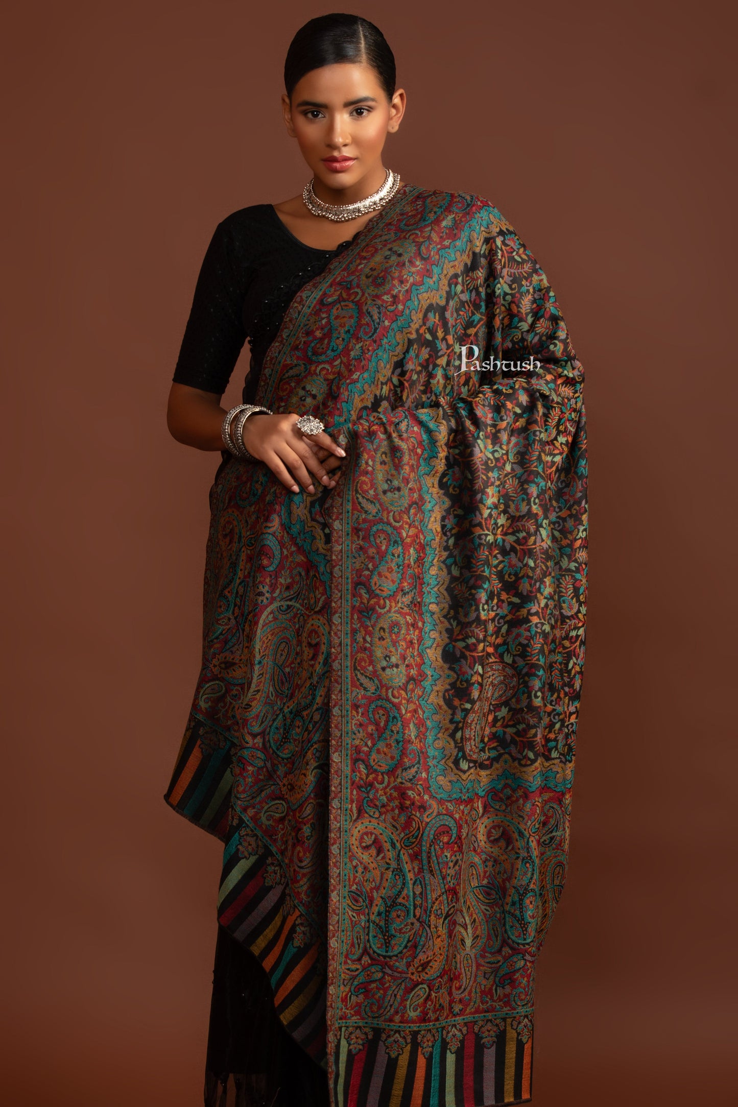 Pashtush India Womens Shawls Pashtush Womens Extra Fine Wool Shawl, Antique Ethnic Weave Design, Black