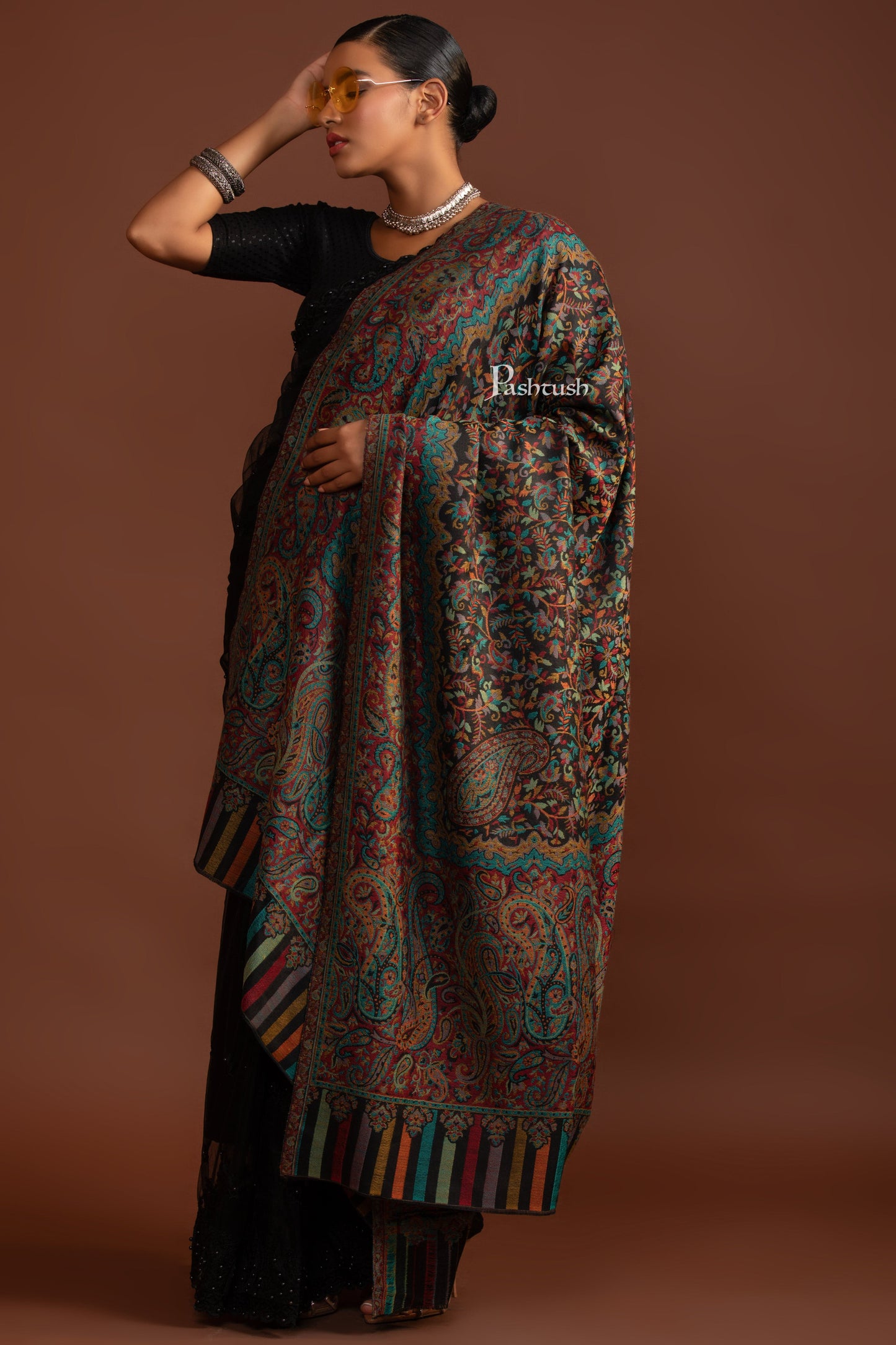 Pashtush India Womens Shawls Pashtush Womens Extra Fine Wool Shawl, Antique Ethnic Weave Design, Black