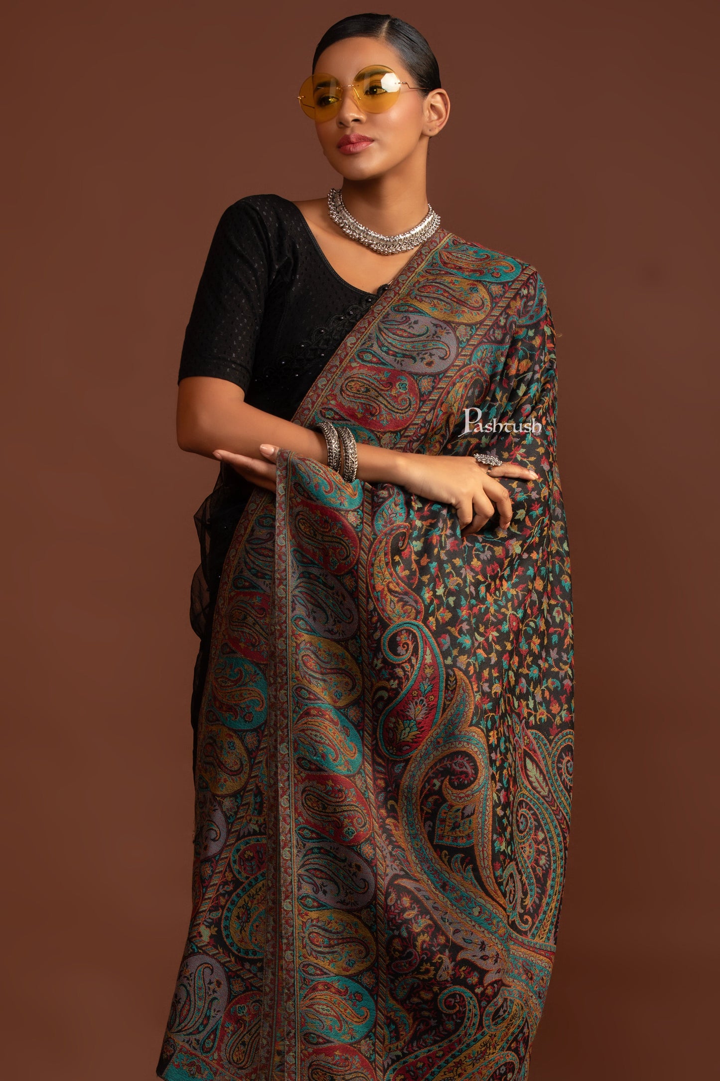 Pashtush India Womens Shawls Pashtush Womens Extra Fine Wool Shawl, Antique Ethnic Weave Design, Black