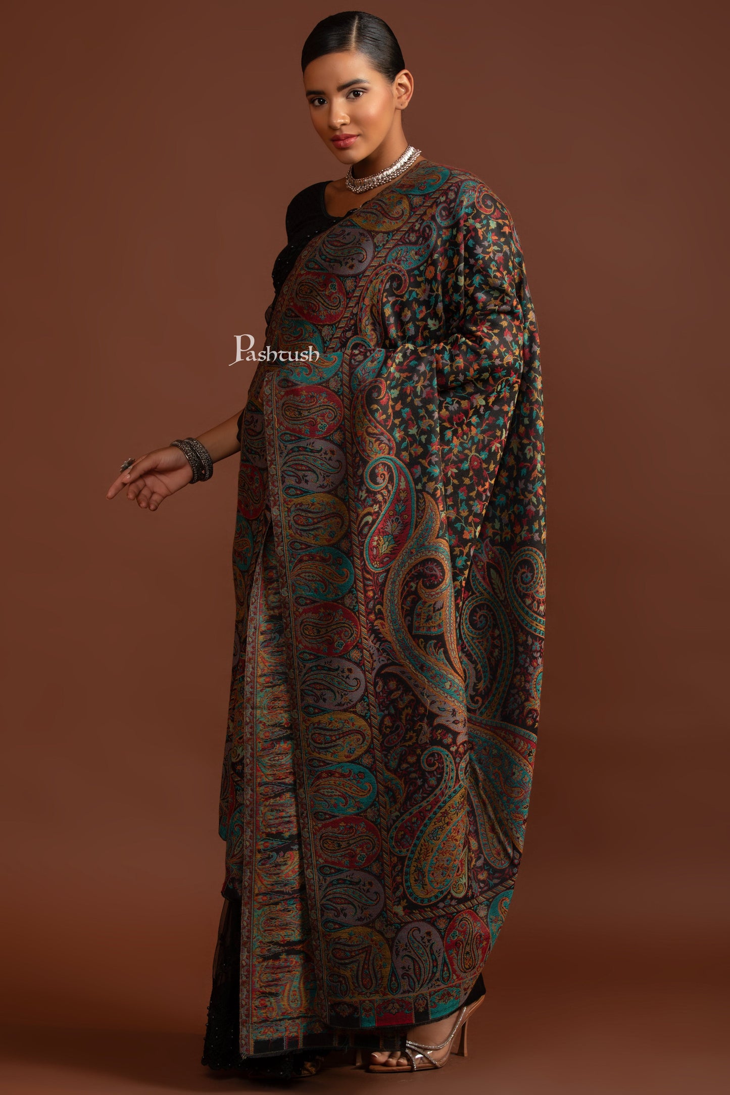 Pashtush India Womens Shawls Pashtush Womens Extra Fine Wool Shawl, Antique Ethnic Weave Design, Black