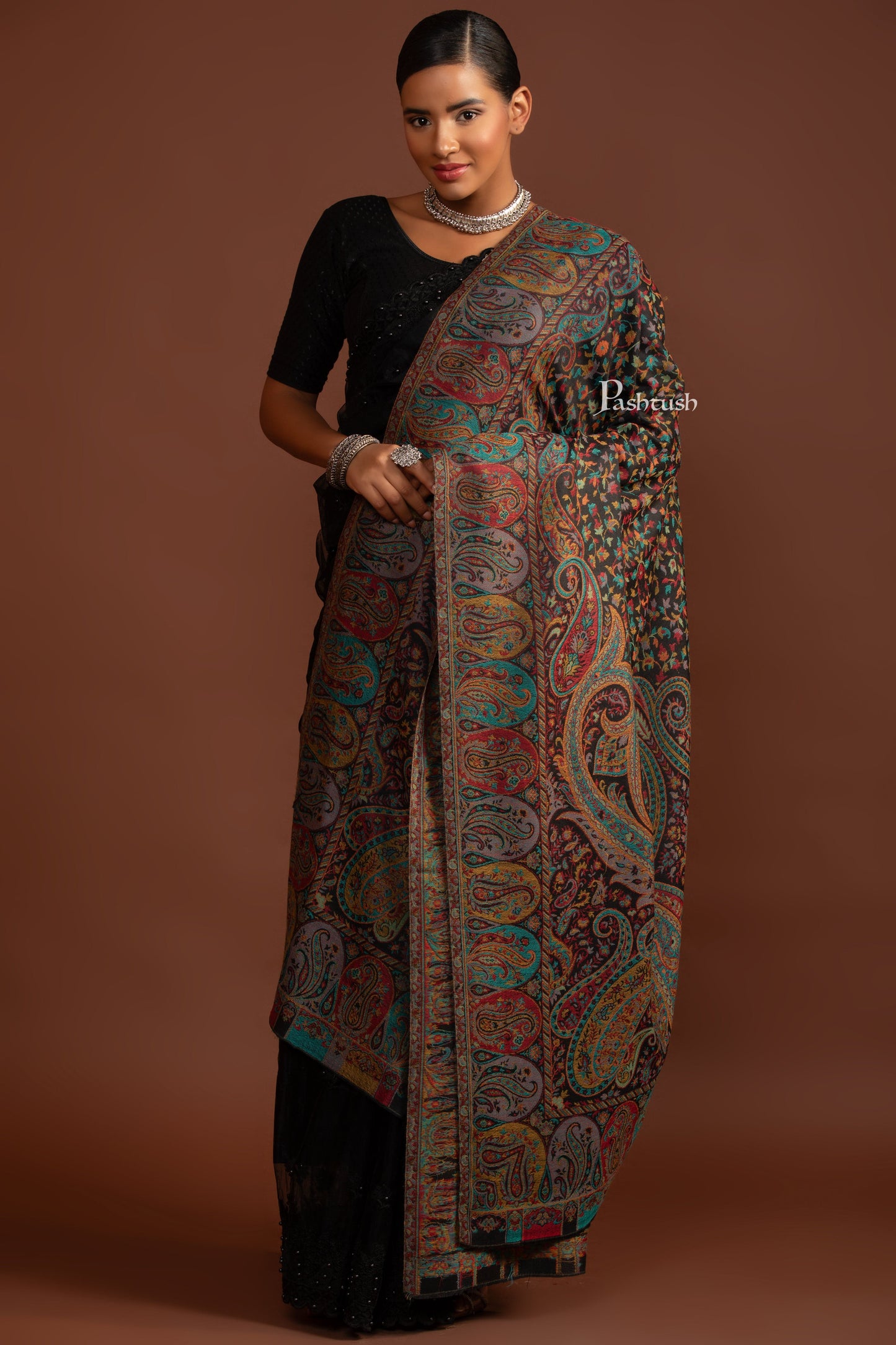 Pashtush India Womens Shawls Pashtush Womens Extra Fine Wool Shawl, Antique Ethnic Weave Design, Black
