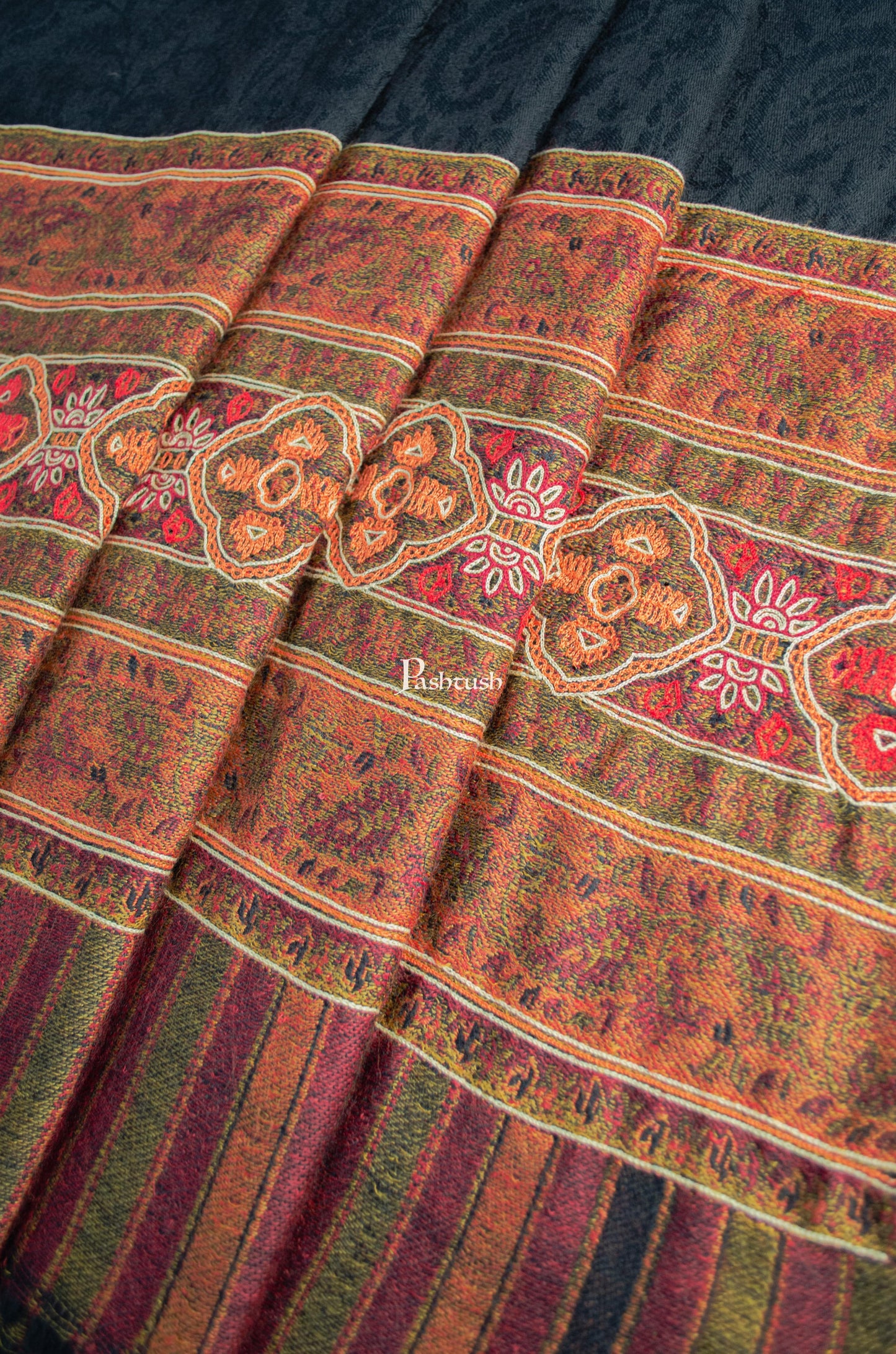 Pashtush India Womens Shawls Pashtush Womens Extra Fine Wool Shawl, Aztec Nalki Hand Embroidery Palla Design, Black