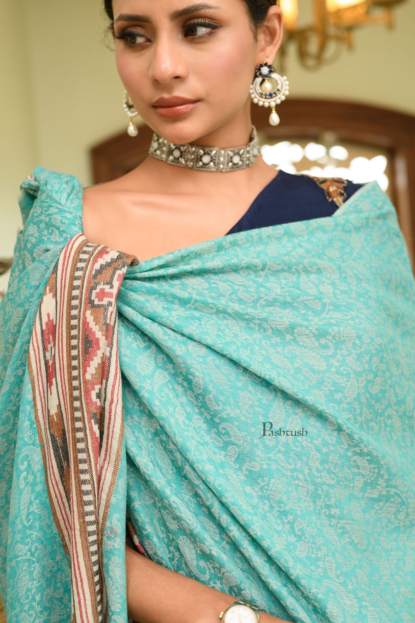 Pashtush India Womens Shawls Pashtush Womens Extra Fine Wool Shawl, Aztec Weave Palla Design, Arabic Sea Green