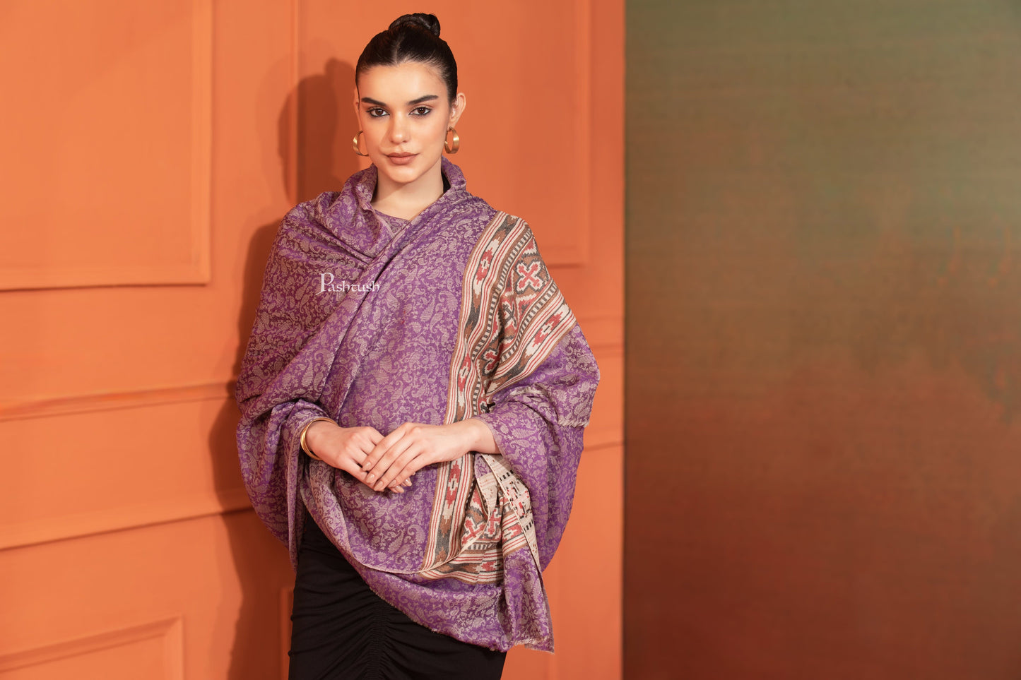 Pashtush India Womens Shawls Pashtush Womens Extra Fine Wool Shawl, Aztec Weave Palla Design, Purple