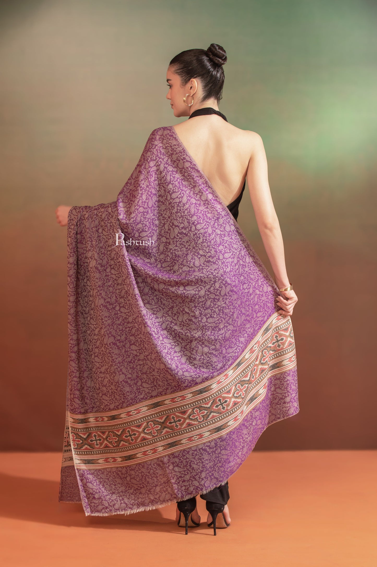 Pashtush India Womens Shawls Pashtush Womens Extra Fine Wool Shawl, Aztec Weave Palla Design, Purple
