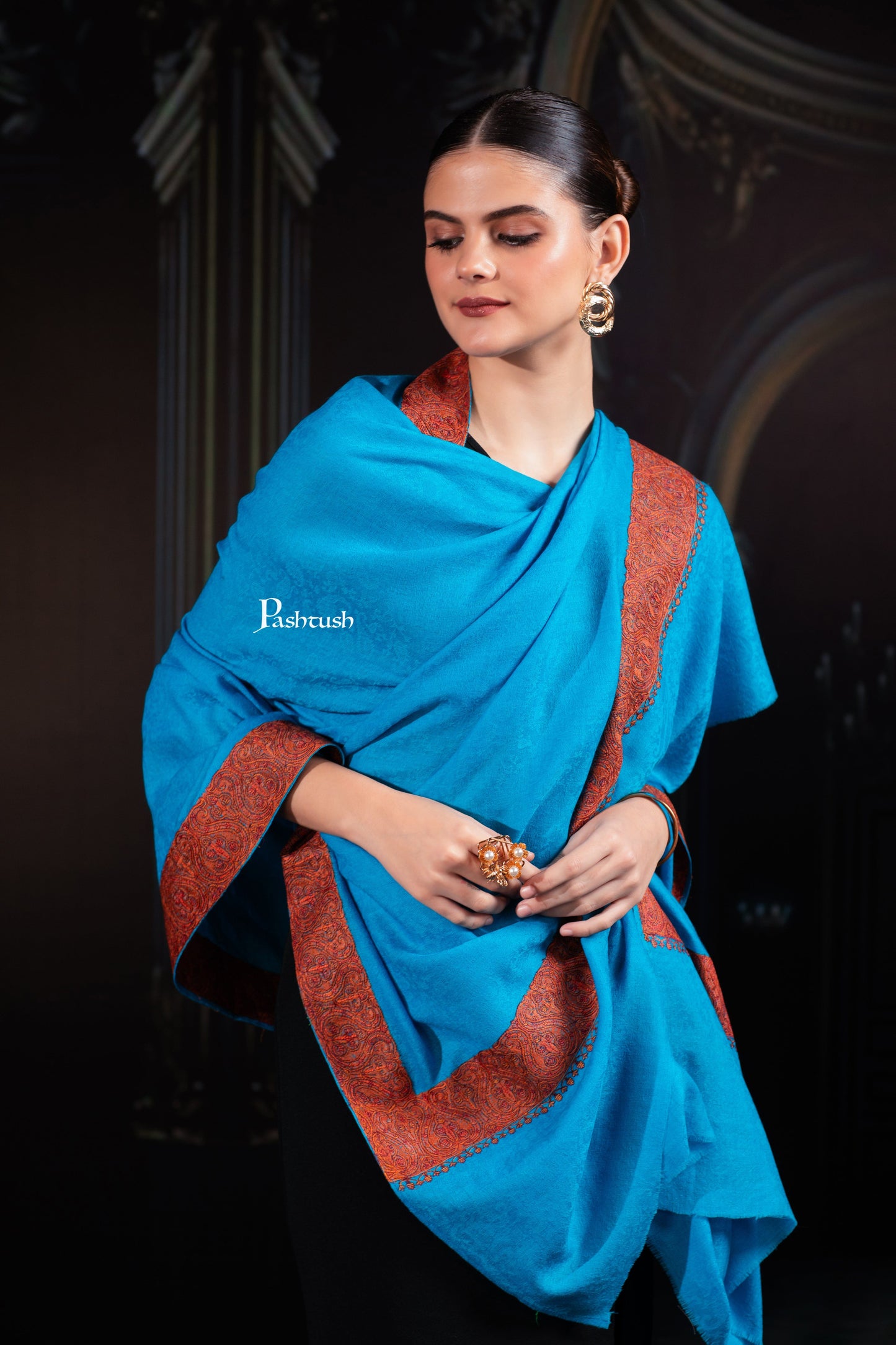 Pashtush India Womens Shawls Pashtush Womens Extra Fine Wool Shawl, Border Embroidered Challa Daur, Arabic Blue