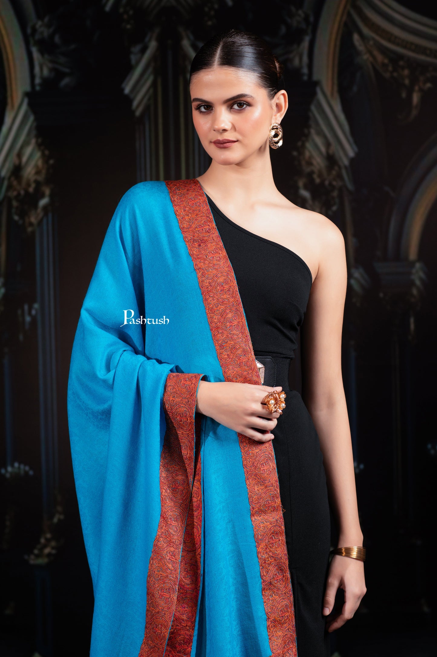 Pashtush India Womens Shawls Pashtush Womens Extra Fine Wool Shawl, Border Embroidered Challa Daur, Arabic Blue