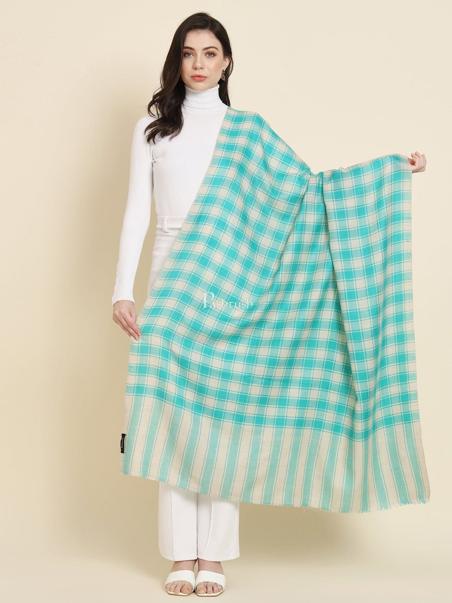 Pashtush India Womens Shawls Pashtush Womens Extra Fine Wool Shawl, Check Design, Seagreen