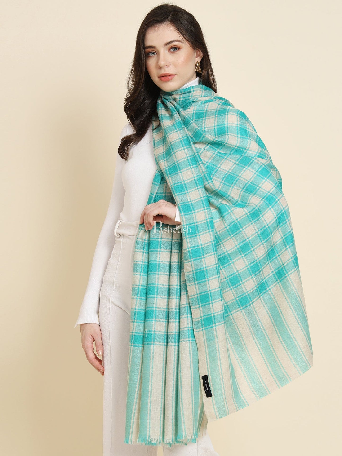 Pashtush India Womens Shawls Pashtush Womens Extra Fine Wool Shawl, Check Design, Seagreen