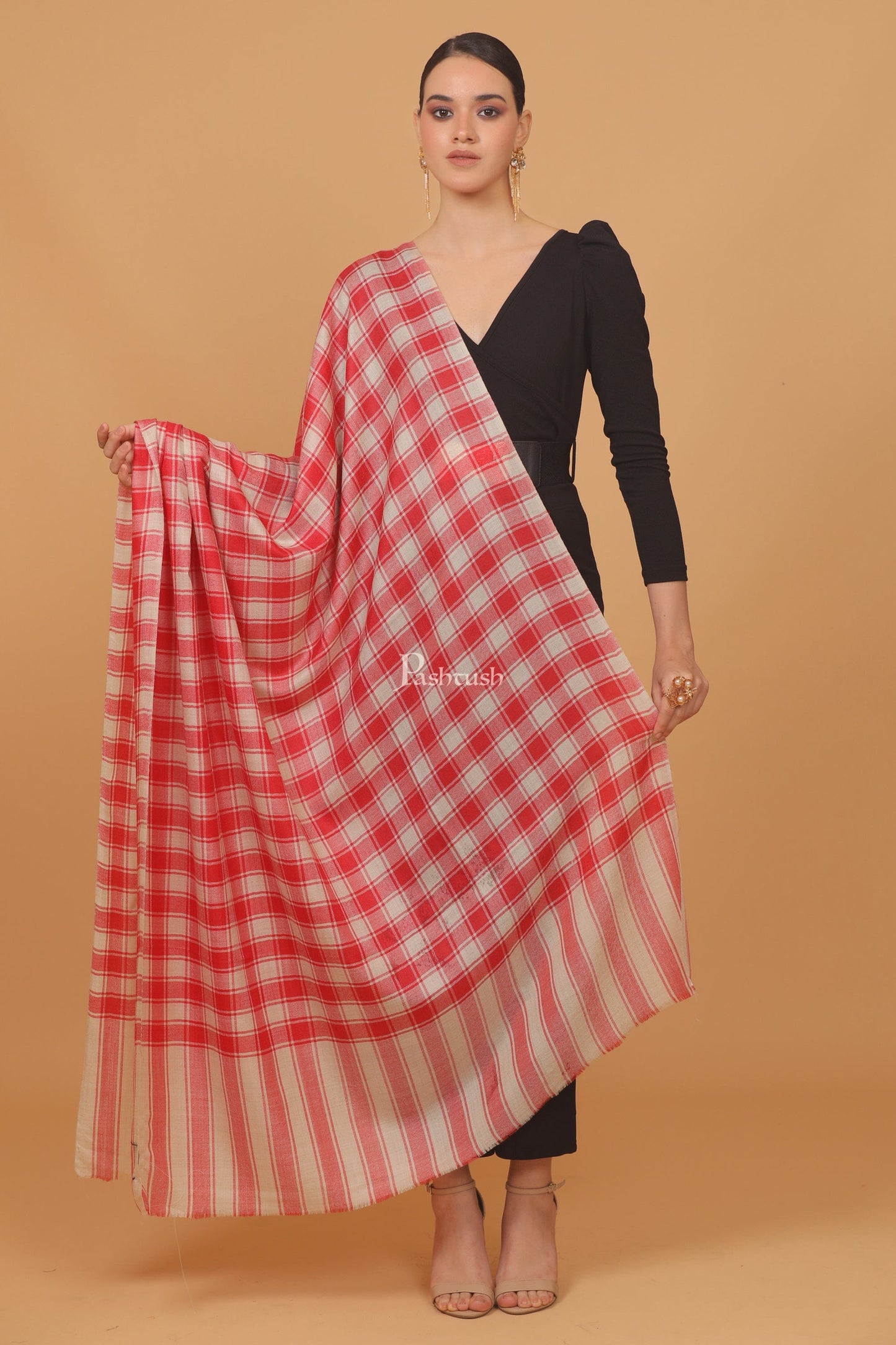 Pashtush India Womens Stoles and Scarves Scarf Pashtush womens Extra Fine Wool shawl, CHECKERED design, Beige And Red