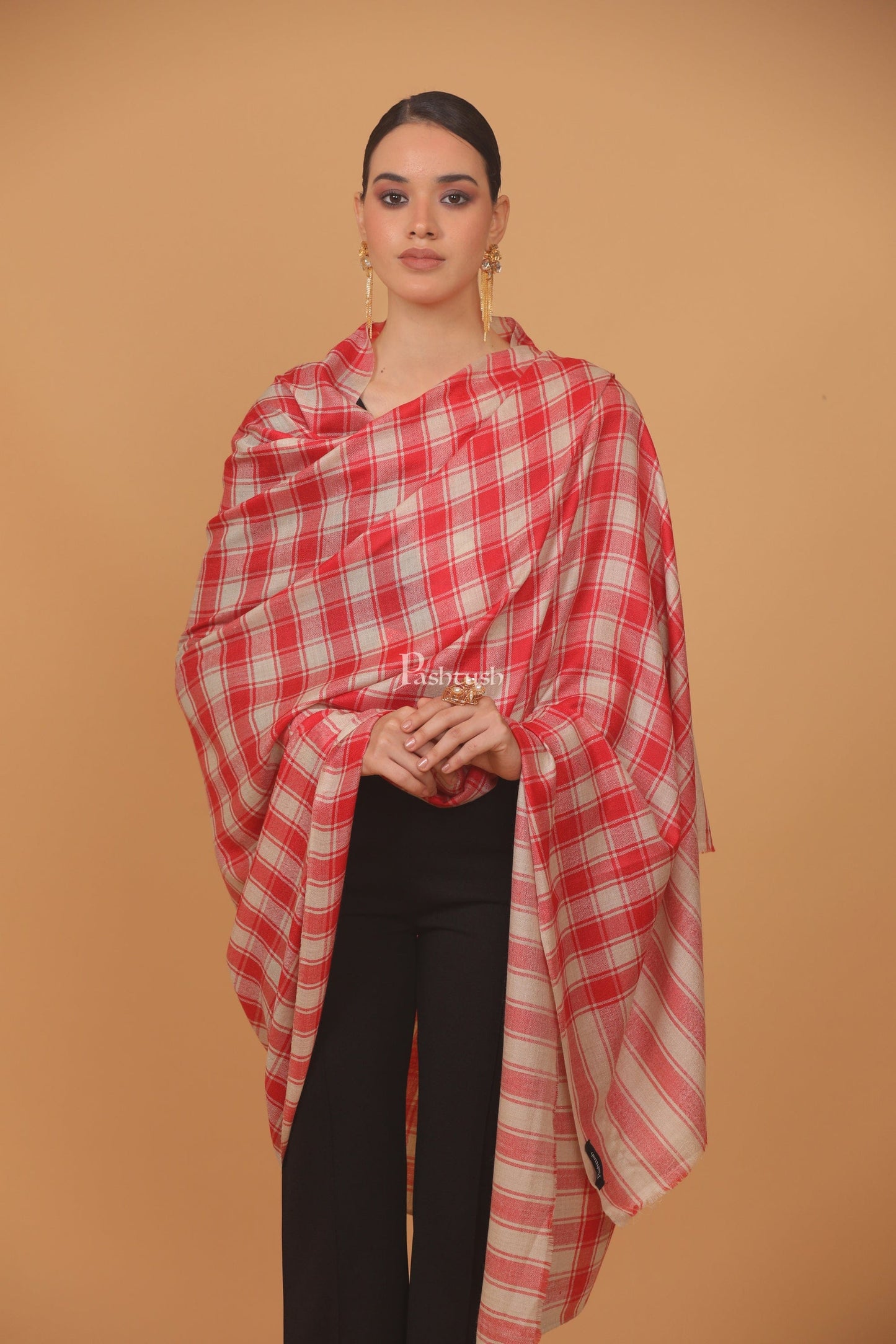 Pashtush India Womens Stoles and Scarves Scarf Pashtush womens Extra Fine Wool shawl, CHECKERED design, Beige And Red