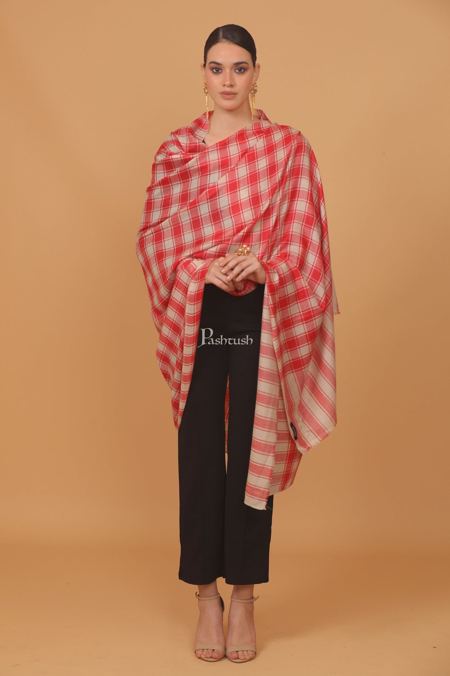 Pashtush India Womens Stoles and Scarves Scarf Pashtush womens Extra Fine Wool shawl, CHECKERED design, Beige And Red