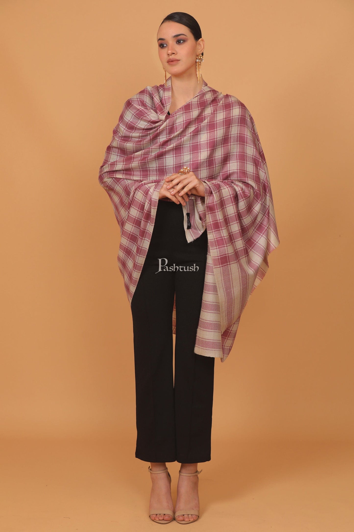 Pashtush India Womens Stoles and Scarves Scarf Pashtush womens Extra Fine Wool shawl, CHECKERED design, Purple