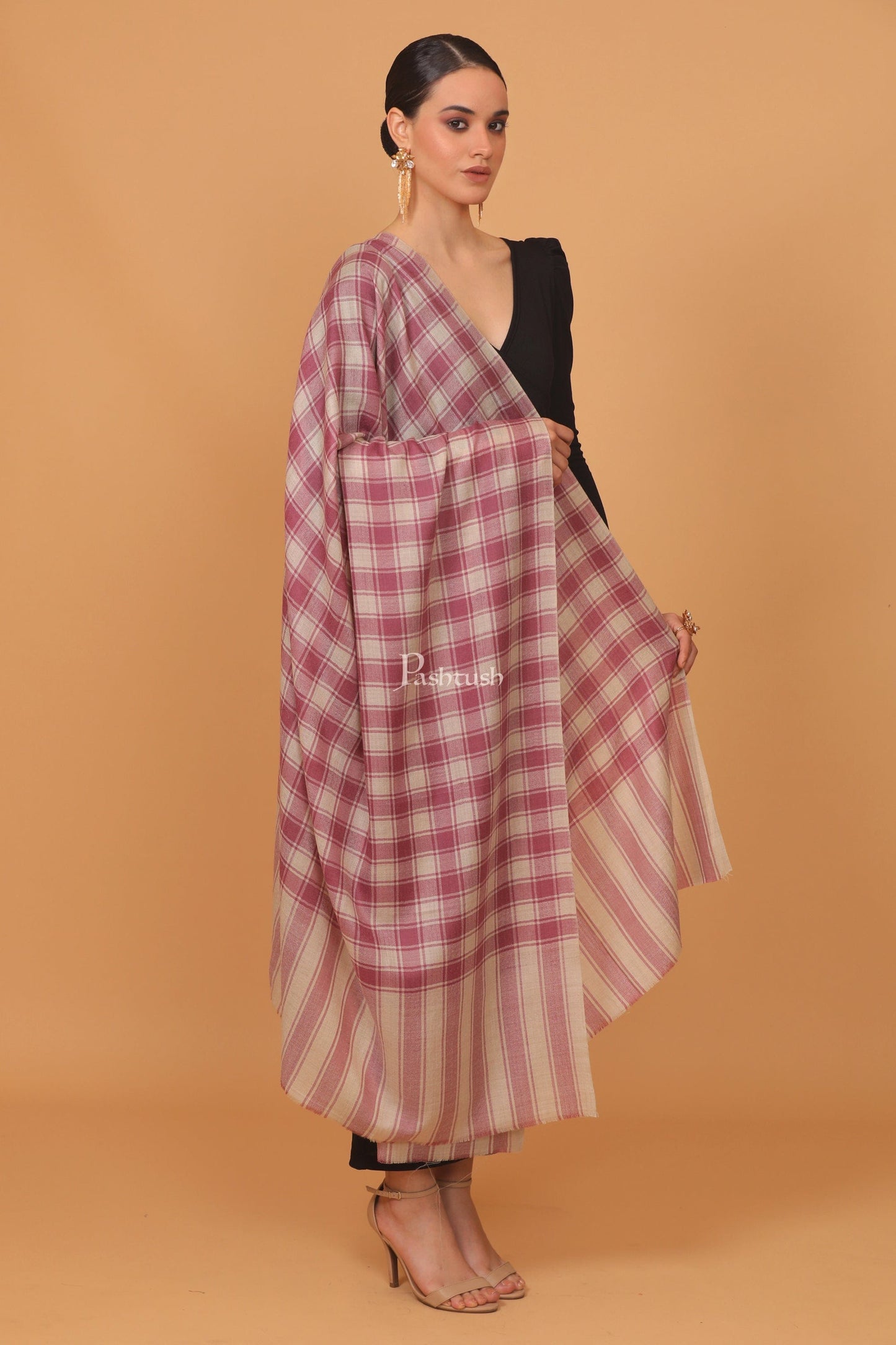 Pashtush India Womens Stoles and Scarves Scarf Pashtush womens Extra Fine Wool shawl, CHECKERED design, Purple