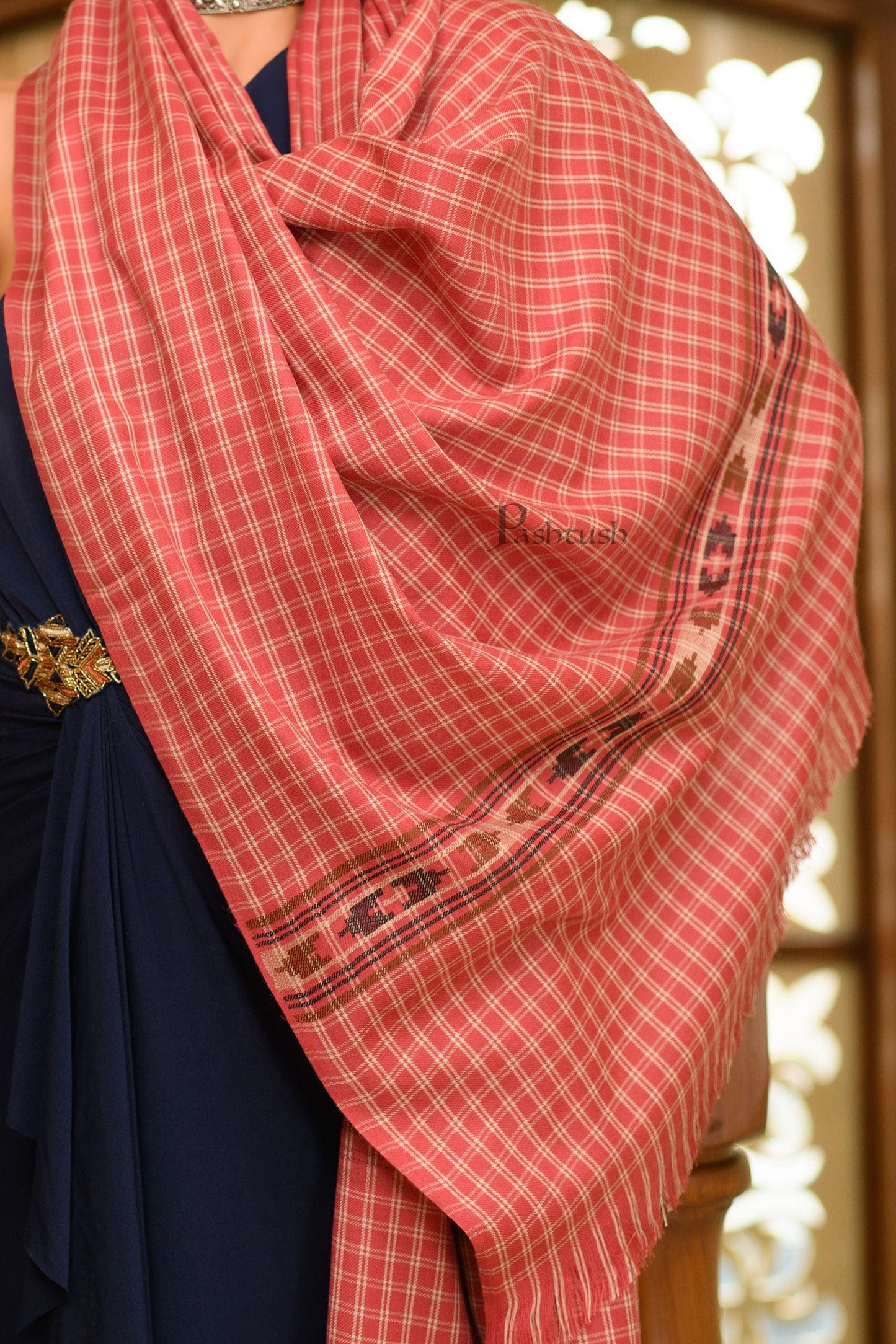 Pashtush India Womens Shawls Pashtush Womens Extra Fine Wool Shawl, Checkered Weave, Aztec Palla Design, Rose