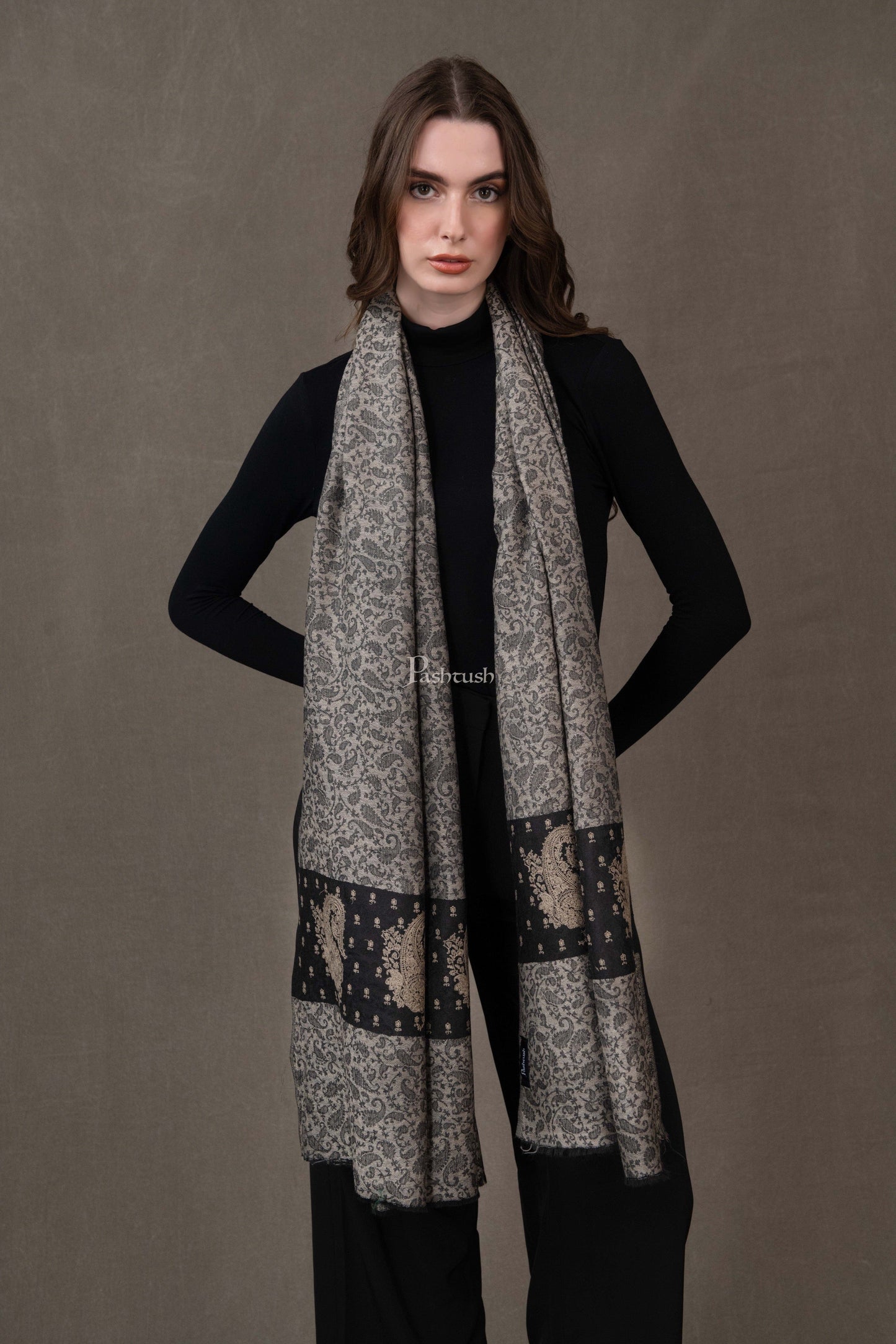 Pashtush India Womens Stoles and Scarves Scarf Pashtush Womens Extra Fine Wool Shawl, Embroidered Palla Design, Black And Grey