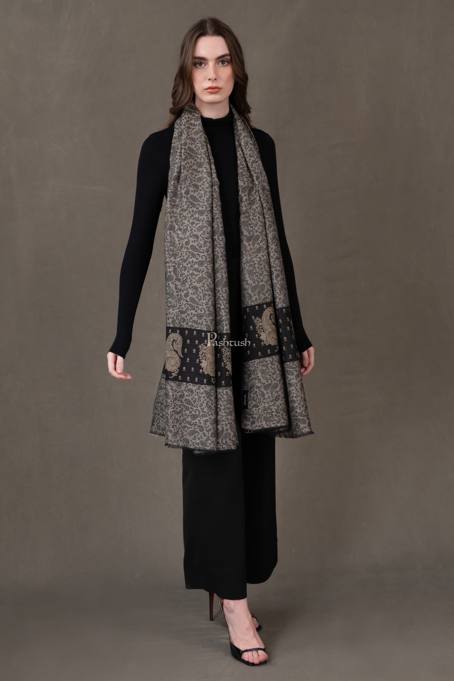 Pashtush India Womens Stoles and Scarves Scarf Pashtush Womens Extra Fine Wool Shawl, Embroidered Palla Design, Black And Grey
