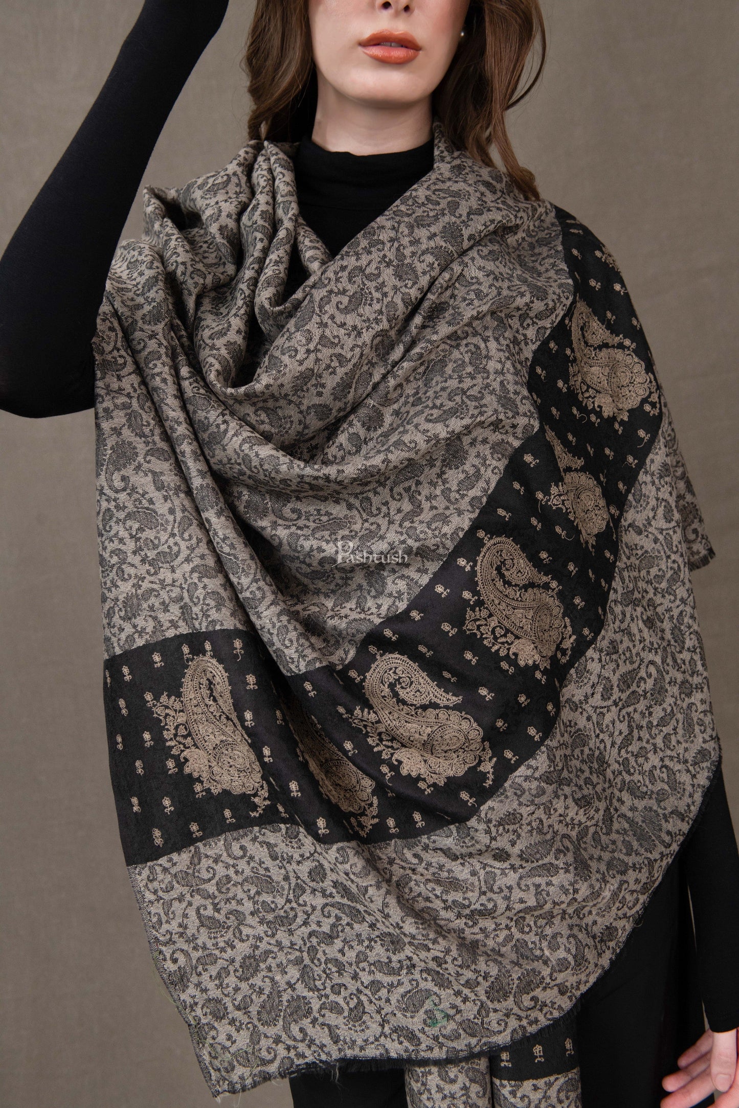 Pashtush India Womens Stoles and Scarves Scarf Pashtush Womens Extra Fine Wool Shawl, Embroidered Palla Design, Black And Grey