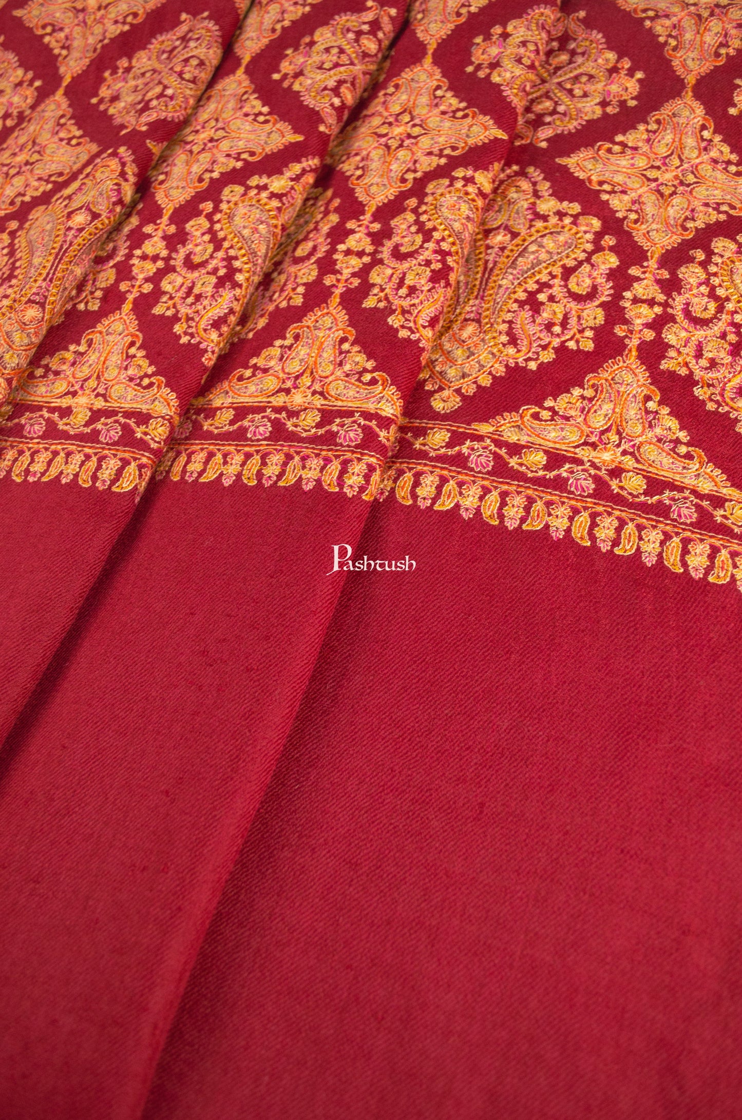 Pashtush India Womens Shawls Pashtush Womens Extra Fine Wool Shawl, Embroidery Kashmiri Jaal Design, Maroon