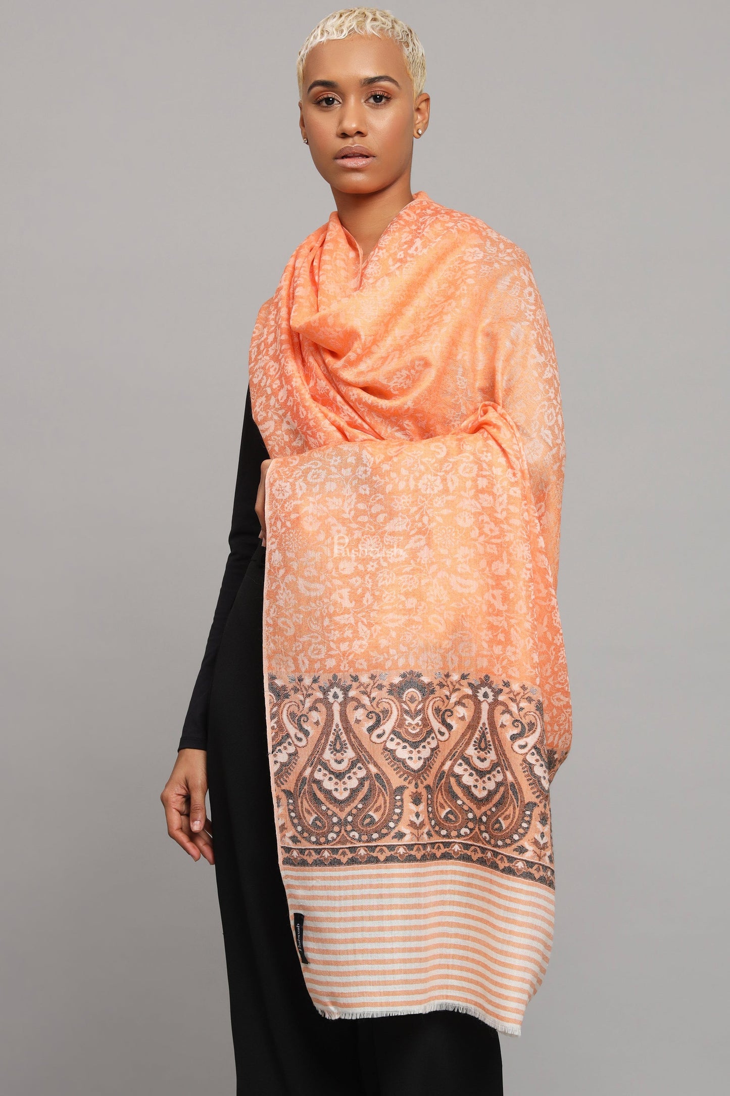 Pashtush India Womens Shawls Pashtush Womens Extra Fine Wool Shawl, Ethnic Woven Palla Design, Deep Orange