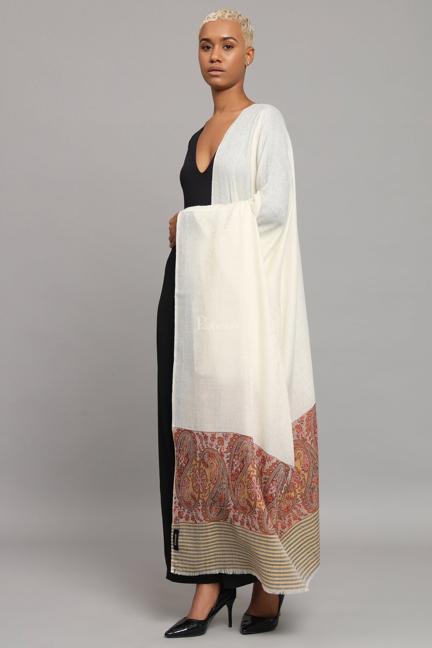Pashtush India Womens Shawls Pashtush Womens Extra Fine Wool Shawl, Ethnic Woven Palla Design, Ivory