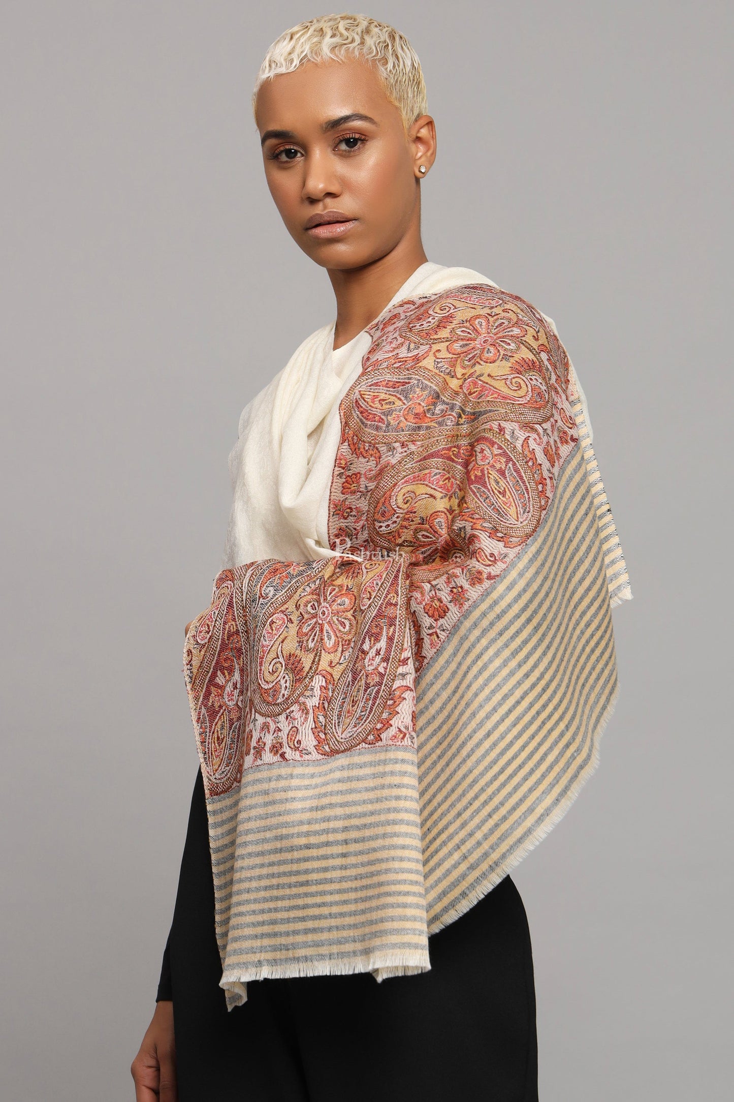 Pashtush India Womens Shawls Pashtush Womens Extra Fine Wool Shawl, Ethnic Woven Palla Design, Ivory