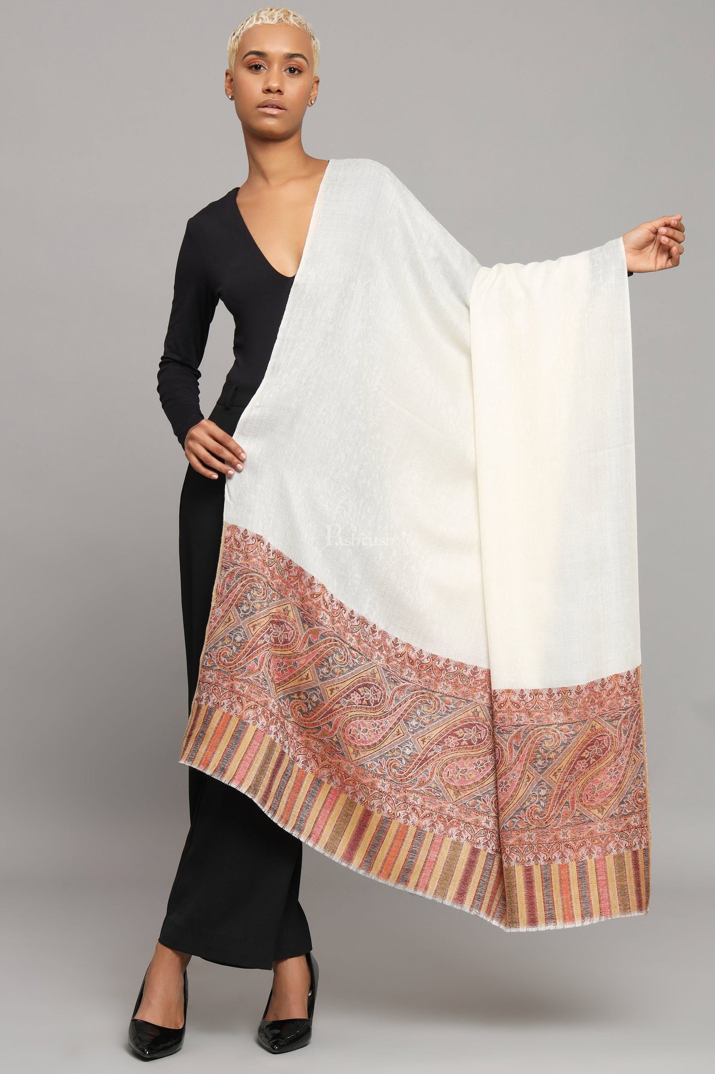 Pashtush India Womens Shawls Pashtush Womens Extra Fine Wool Shawl, Ethnic Woven Palla Design, Ivory