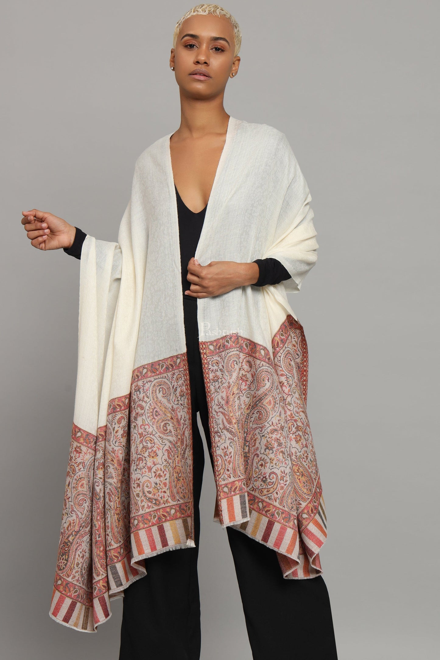 Pashtush India Womens Shawls Pashtush Womens Extra Fine Wool Shawl, Ethnic Woven Palla Design, Ivory