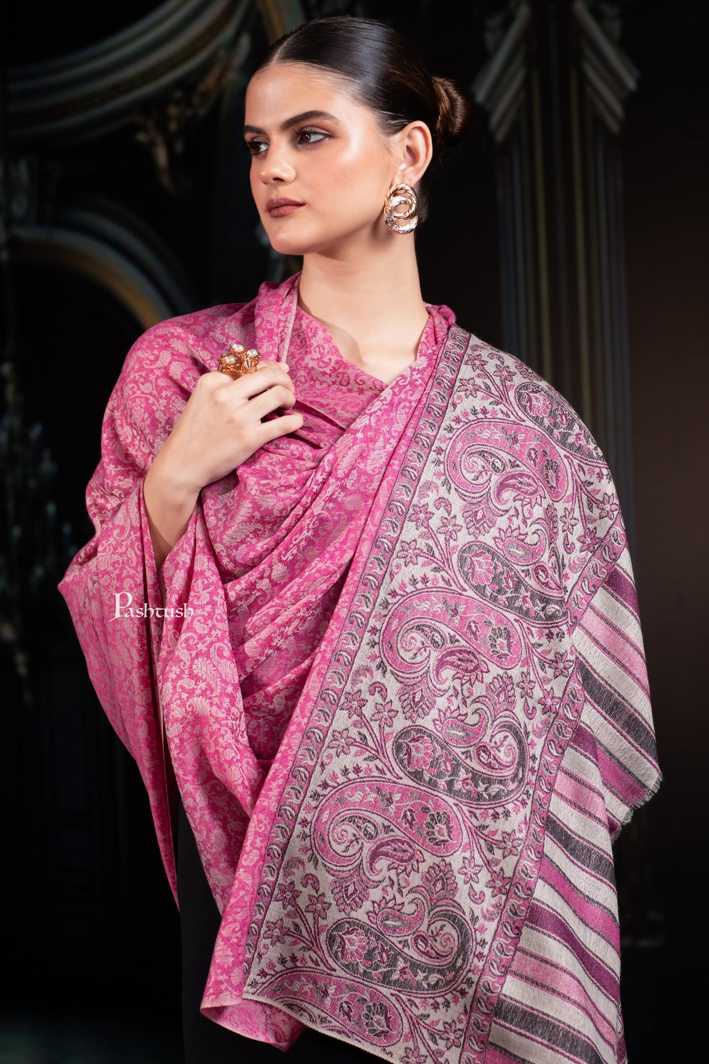 Pashtush India Womens Shawls Pashtush Womens Extra Fine Wool Shawl, Extra Fine Wool Palla, Paisley Design, Fuchsia