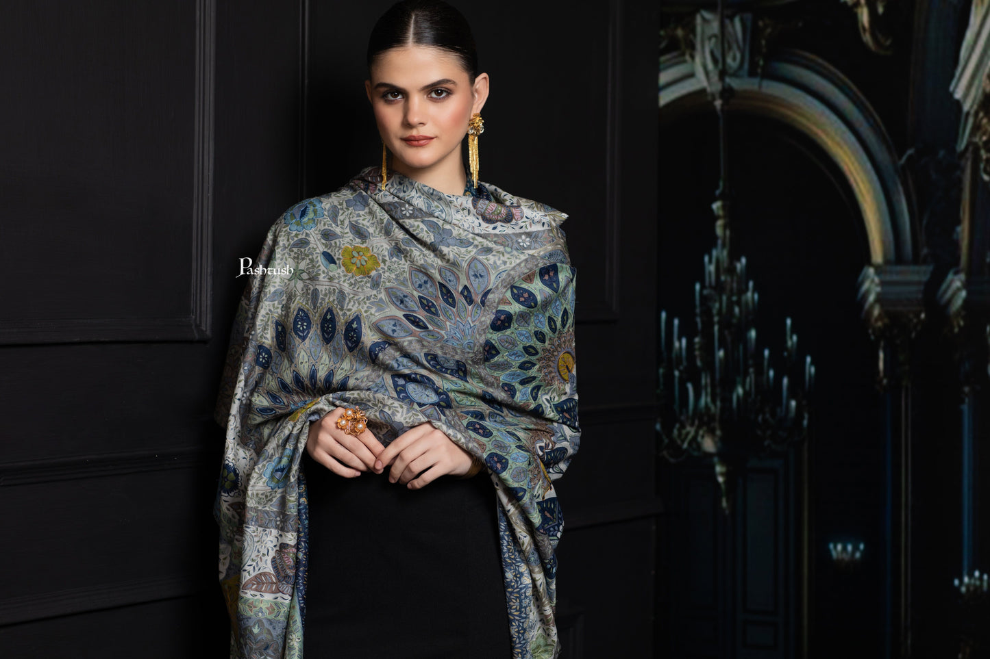 Pashtush India Womens Shawls Pashtush Womens Extra Fine Wool Shawl, Hand Embroidered Kalamkari Design, Azure Blue
