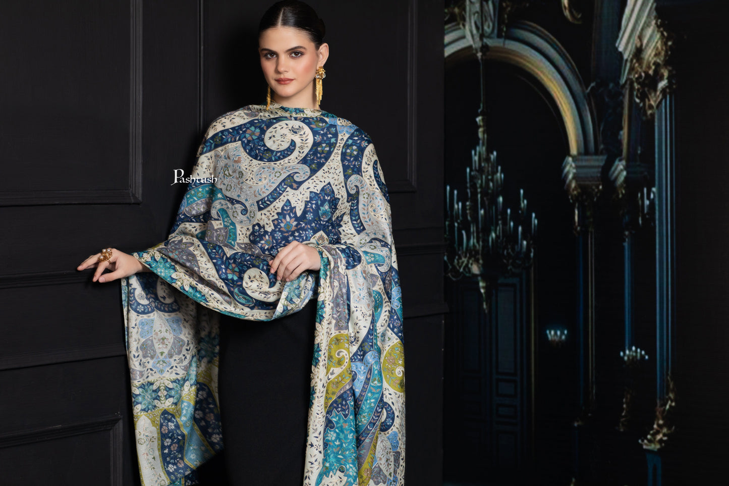 Pashtush India Womens Shawls Pashtush Womens Extra Fine Wool Shawl, Hand Embroidered Kalamkari Design, Azure Blue
