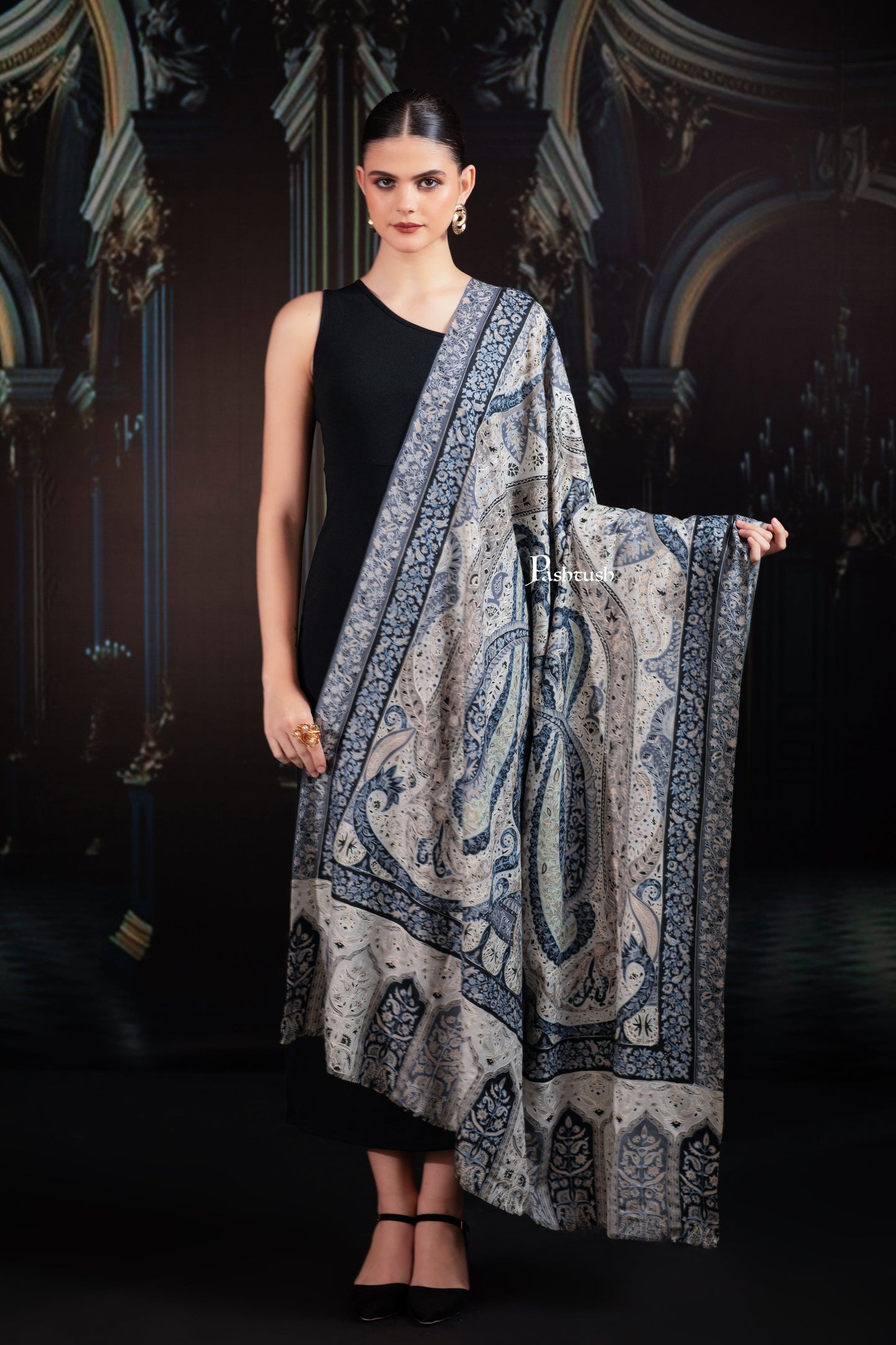 Pashtush India Womens Shawls Pashtush Womens Extra Fine Wool Shawl, Hand Embroidered Kalamkari Design, Azure Blue And Ivory