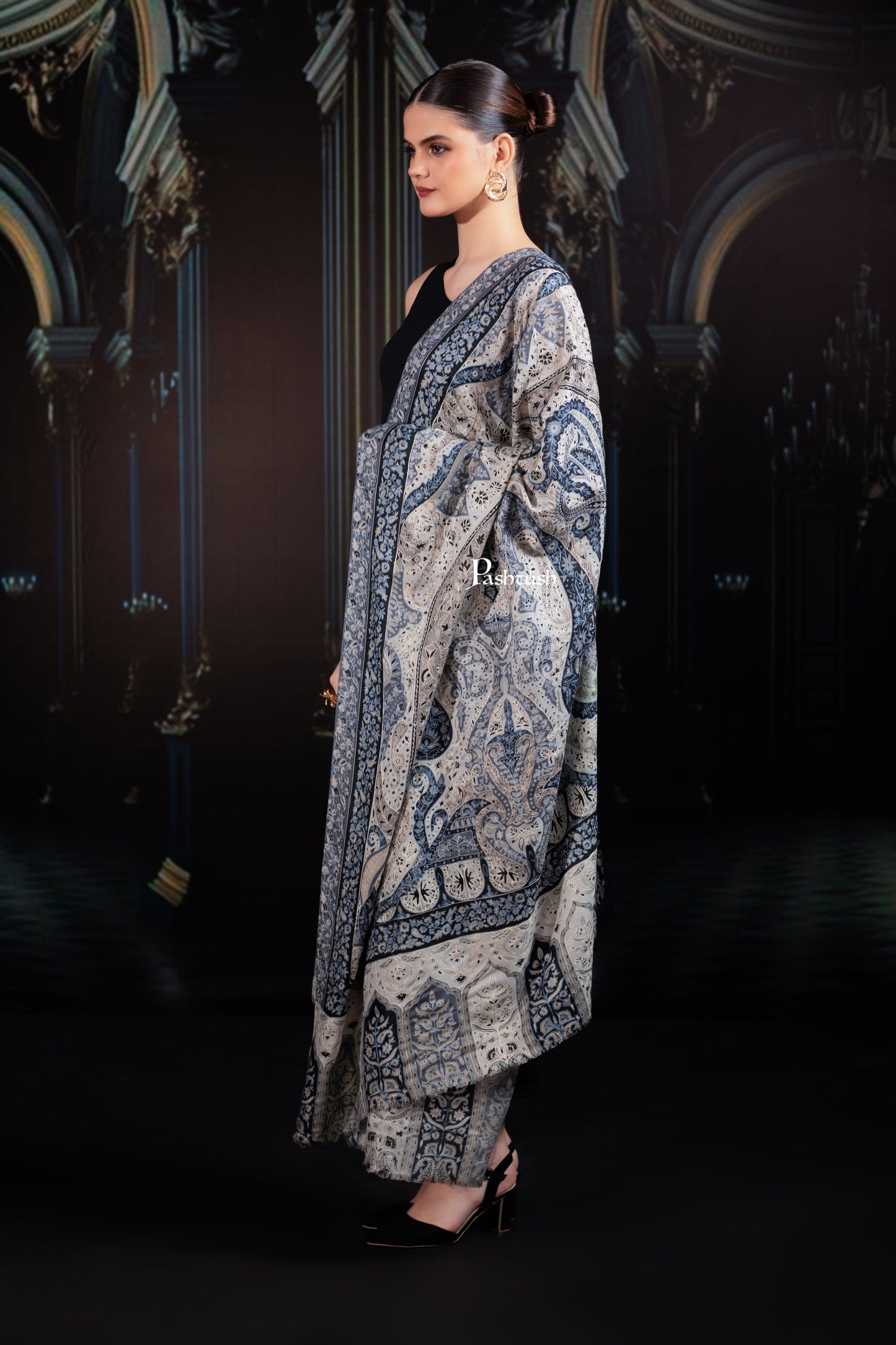Pashtush India Womens Shawls Pashtush Womens Extra Fine Wool Shawl, Hand Embroidered Kalamkari Design, Azure Blue And Ivory