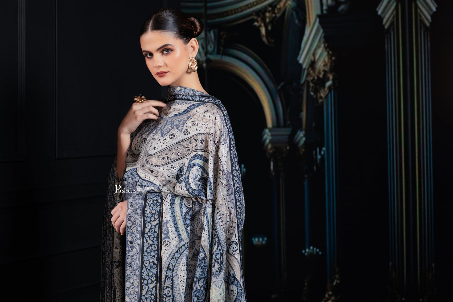 Pashtush India Womens Shawls Pashtush Womens Extra Fine Wool Shawl, Hand Embroidered Kalamkari Design, Azure Blue And Ivory
