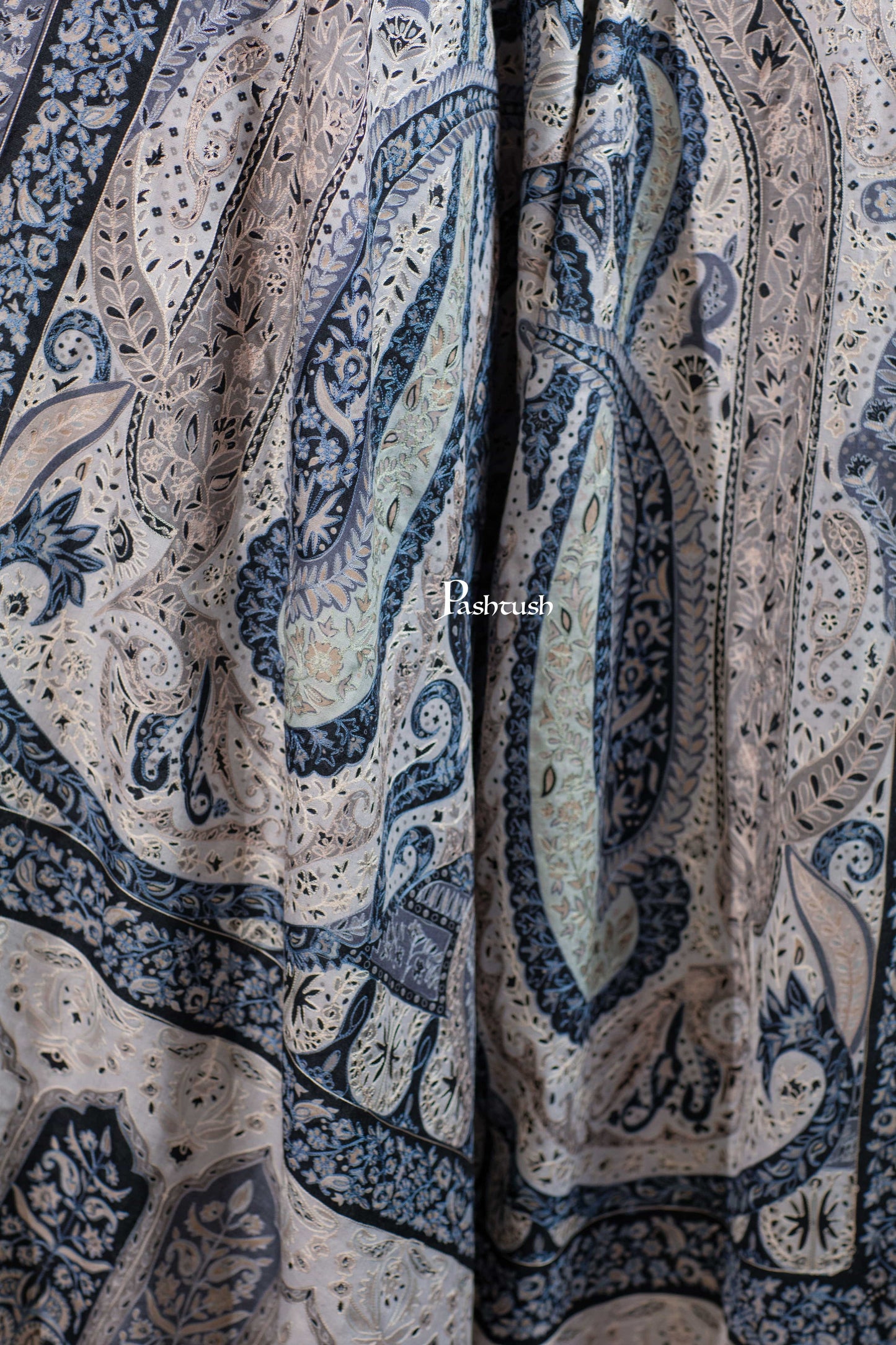 Pashtush India Womens Shawls Pashtush Womens Extra Fine Wool Shawl, Hand Embroidered Kalamkari Design, Azure Blue And Ivory