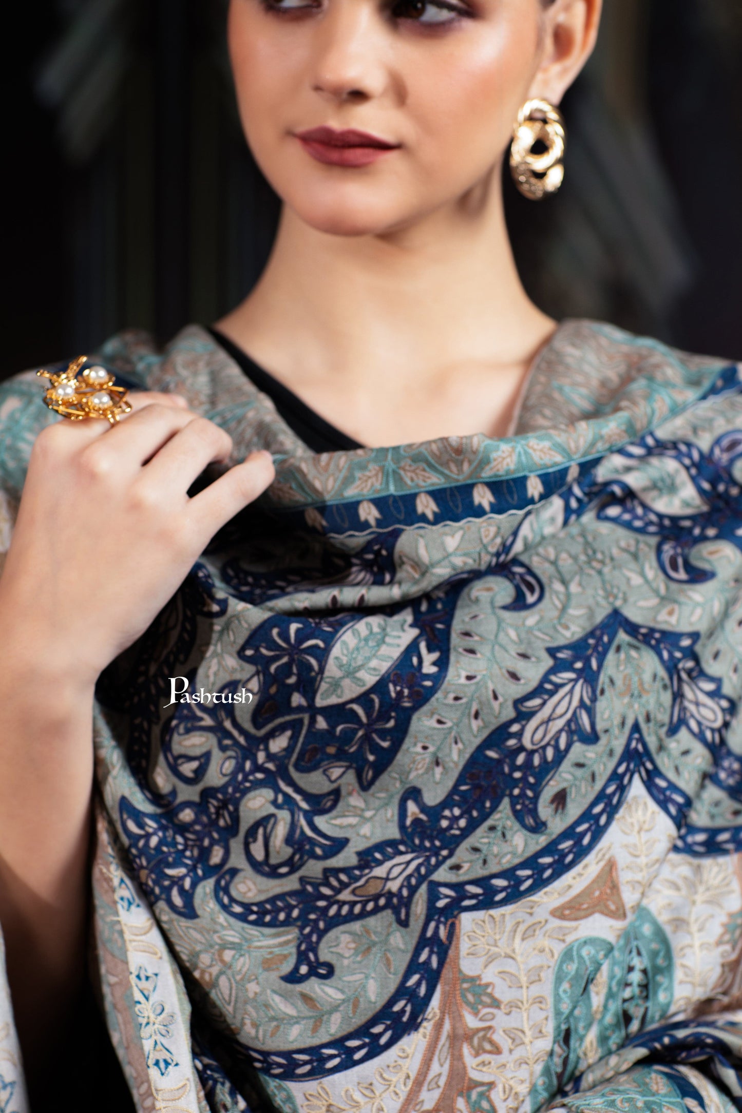 Pashtush India Womens Shawls Pashtush Womens Extra Fine Wool Shawl, Hand Embroidered Kalamkari Design, Coral Hues