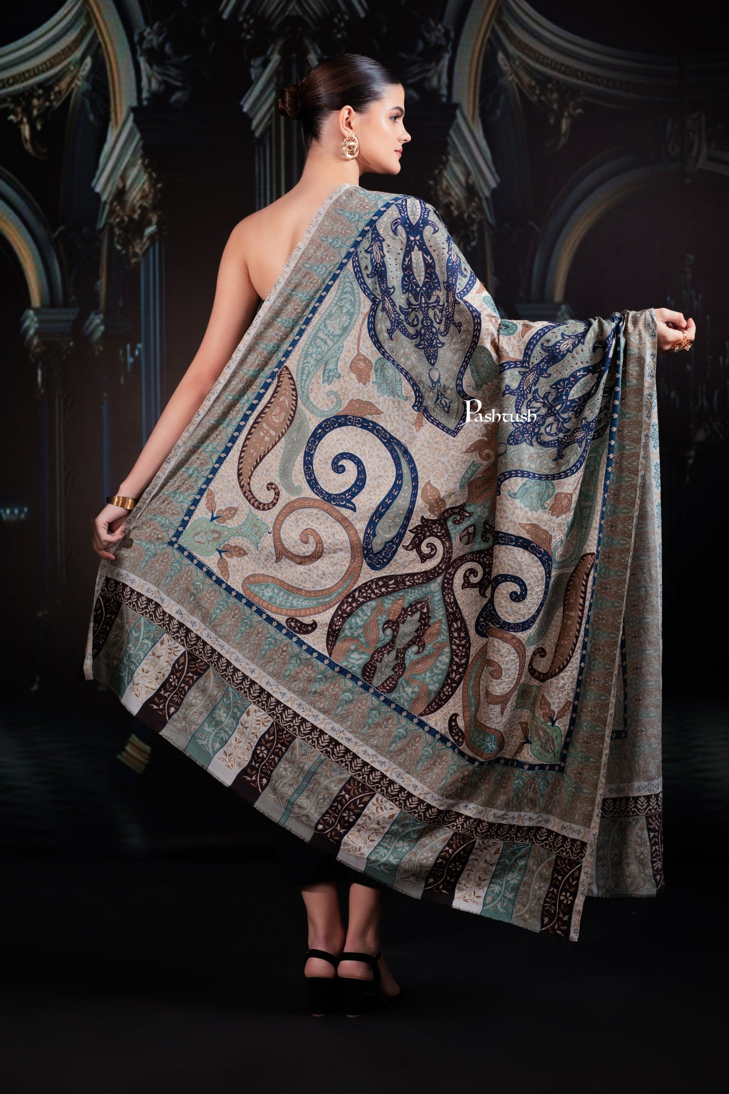 Pashtush India Womens Shawls Pashtush Womens Extra Fine Wool Shawl, Hand Embroidered Kalamkari Design, Coral Hues