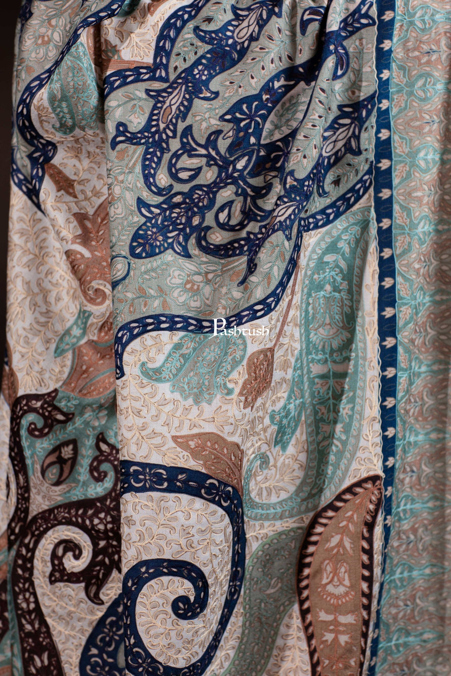 Pashtush India Womens Shawls Pashtush Womens Extra Fine Wool Shawl, Hand Embroidered Kalamkari Design, Coral Hues