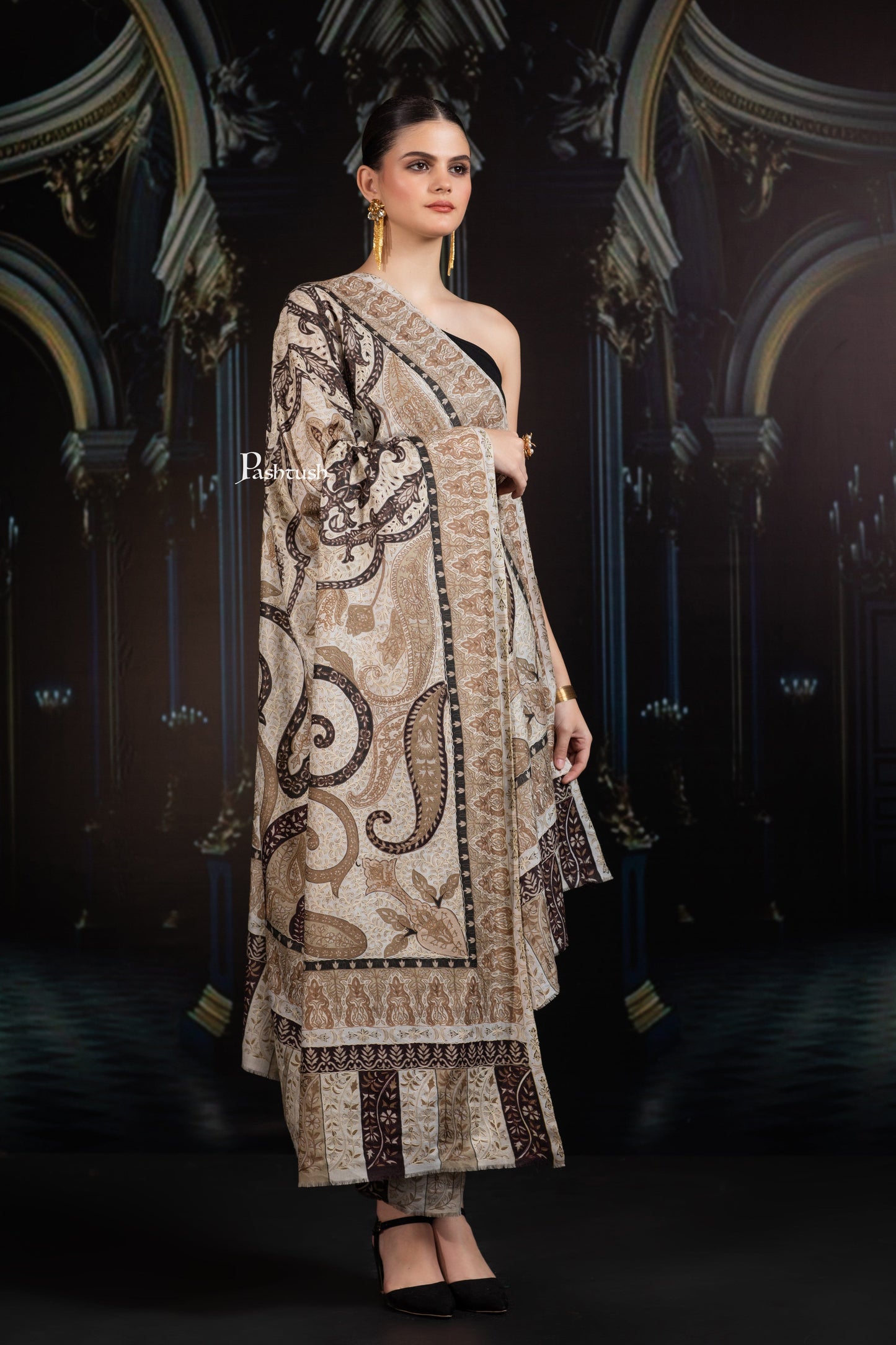 Pashtush India Womens Shawls Pashtush Womens Extra Fine Wool Shawl, Hand Embroidered Kalamkari Design, Earthy Neutrals